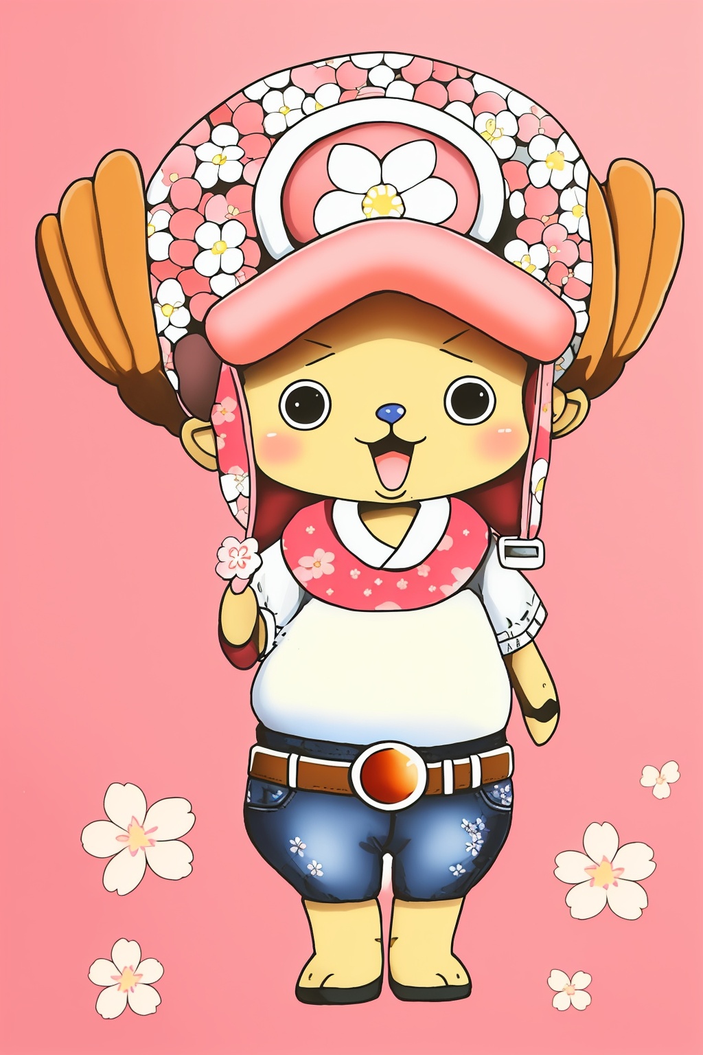 belt, cherry blossoms, daisy, floral print, flower, hat, no humans, open mouth, paw print, pink flower, simple background, smile, traditional media, white flower