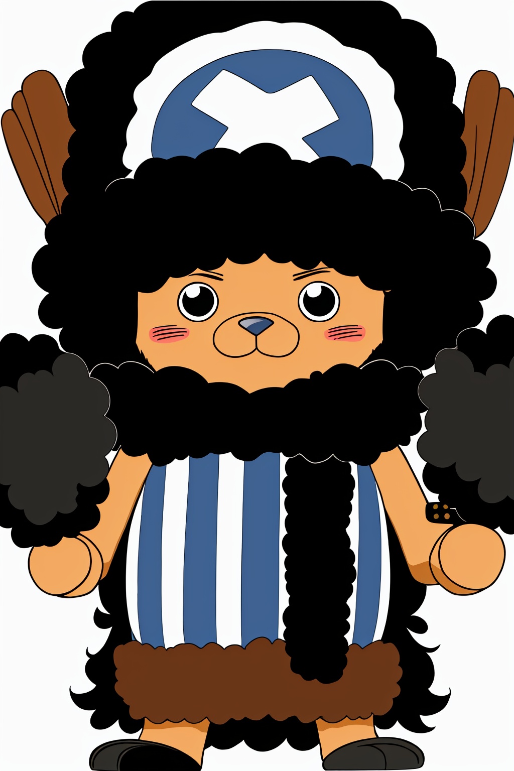 black eyes, fur trim, hat, simple background, smile, solo, striped