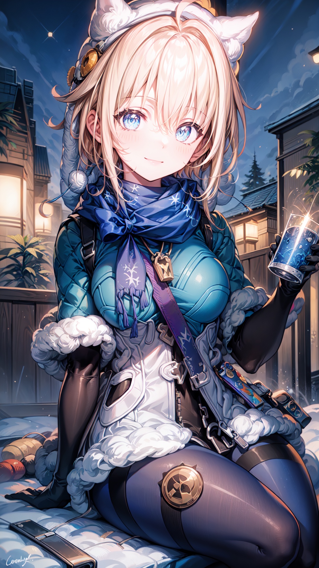 (extremely detailed CG), (best quality), 1girl, perfect face,shiny skin,narrow waist, wide hips  LynxLandau,elbow gloves,hair between eyes,white headwear, blue pantyhose,hood,bag,boots,capalet,short hair,fur trim, hat,blue scarf,ahoge,bangs, scarf ,blonde hair, blue eyes, gloves, snowi background, snow, steam, holding a cup of cocoa, panoramic view, smile sitting,
