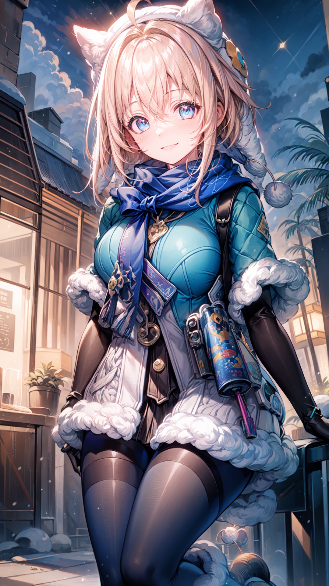 (extremely detailed CG), (best quality), 1girl, perfect face,shiny skin,narrow waist, wide hips  LynxLandau,elbow gloves,hair between eyes,white headwear, blue pantyhose,hood,bag,boots,capalet,short hair,fur trim, hat,blue scarf,ahoge,bangs, scarf ,blonde hair, blue eyes, gloves, snowi background, snow, steam, , panoramic view, smile ,snowing
, LynxLandau
