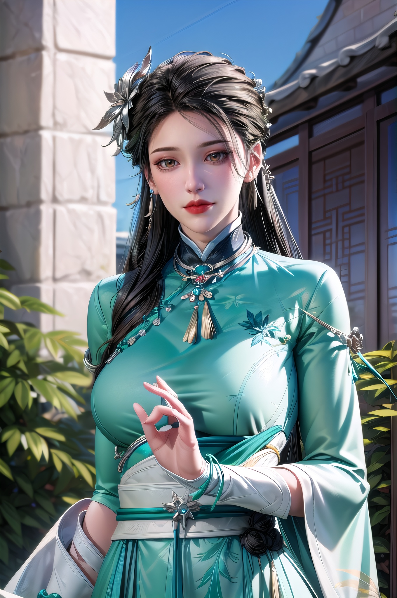 yuanshen, 1girl, green dress, long hair, dress, upper body, black hair, jewelry, blurry background, earrings, chinese clothes, hair ornament, blurry,nice hands, ,perfect balance, looking at viewer, closed mouth, (Light_Smile:0.3), official art, extremely detailed CG unity 8k wallpaper, perfect lighting, Colorful, Bright_Front_face_Lighting, White skin, (masterpiece:1), (best_quality:1), ultra high res, 4K, ultra-detailed, photography, 8K, HDR, highres, absurdres:1.2, Kodak portra 400, film grain, blurry background, bokeh:1.2, lens flare, (vibrant_color:1.2), professional photograph, (narrow_waist),, dark studio