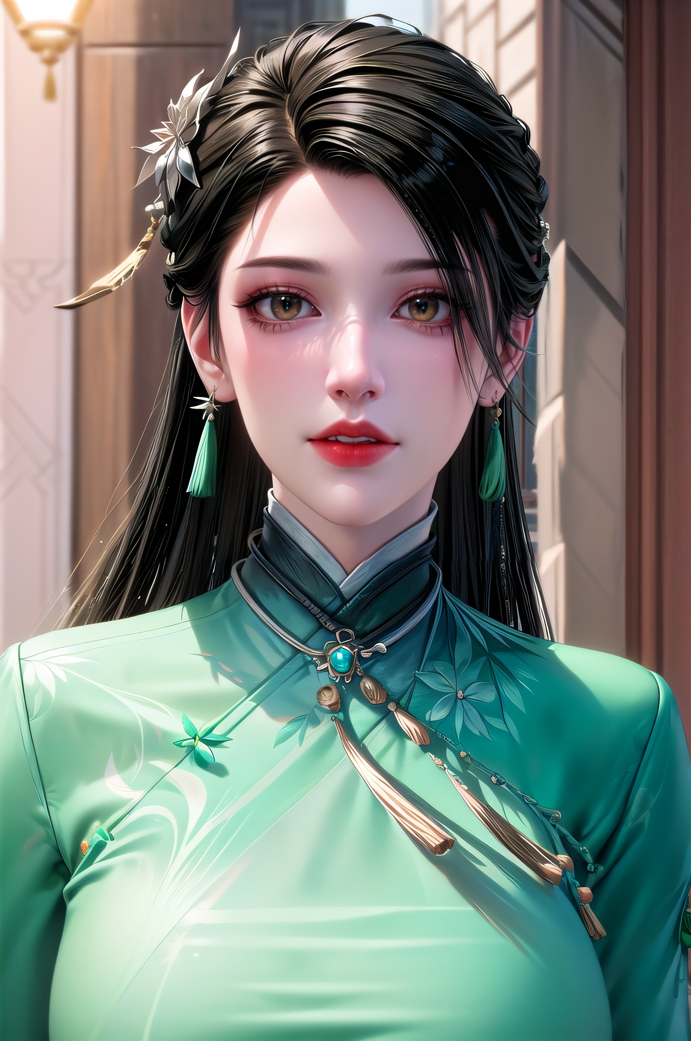 yuanshen, 1girl, green dress, long hair, dress, upper body, black hair, jewelry, blurry background, holding, bird, earrings, chinese clothes, hair ornament, blurry,nice hands, ,perfect balance, looking at viewer, closed mouth, (Light_Smile:0.3), official art, extremely detailed CG unity 8k wallpaper, perfect lighting, Colorful, Bright_Front_face_Lighting, White skin, (masterpiece:1), (best_quality:1), ultra high res, 4K, ultra-detailed, photography, 8K, HDR, highres, absurdres:1.2, Kodak portra 400, film grain, blurry background, bokeh:1.2, lens flare, (vibrant_color:1.2), professional photograph, (narrow_waist),, dark studio