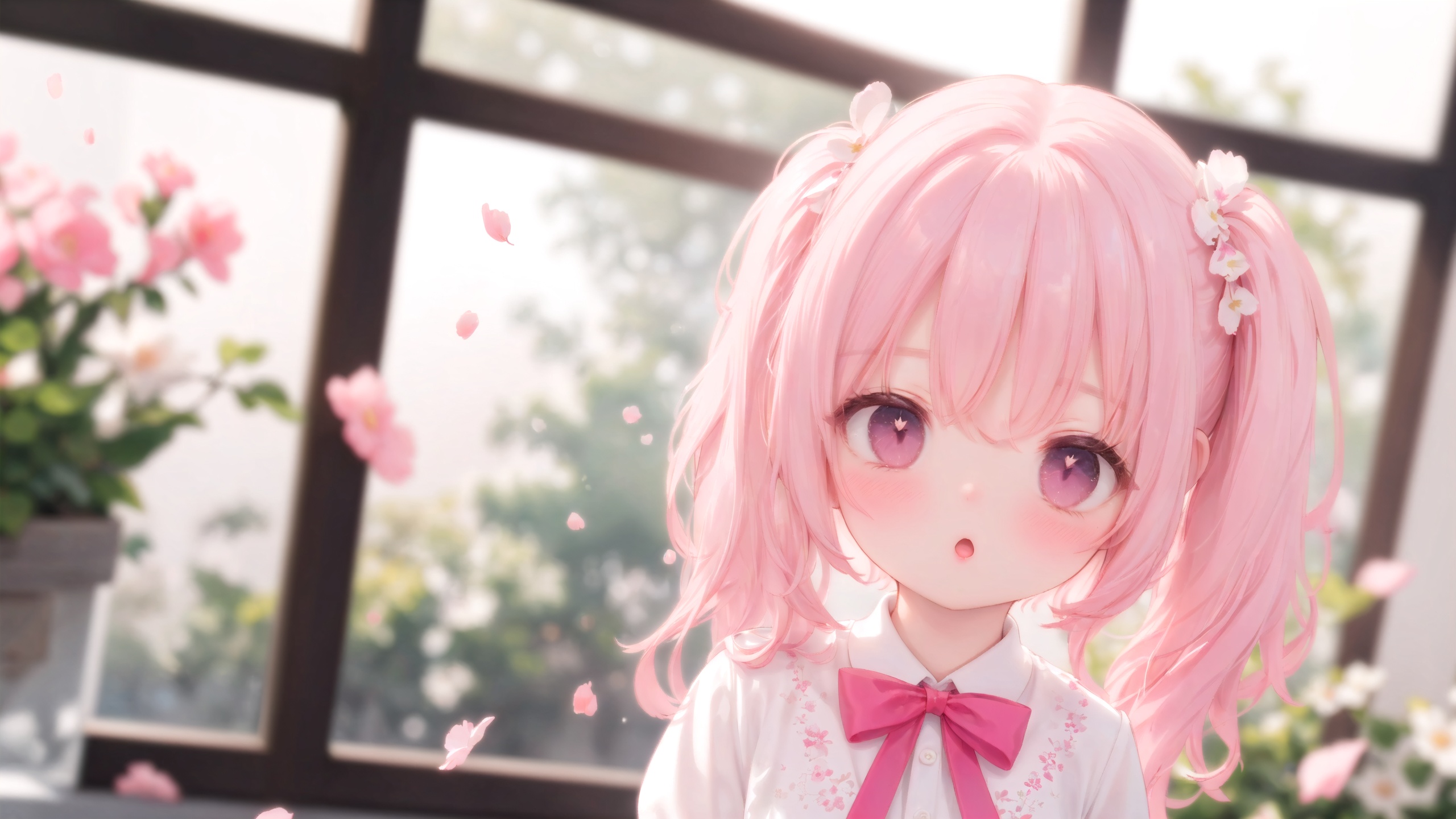 1girl, (out the window:1.1), (outside view:1.1), From the third person, fluttering petals, (depth of field, blurry, blurry background, bokeh:1.2), dynamic angle, pink hair, twintails, floral background, sunlight, ribbon, bow, shamed, blush, :o