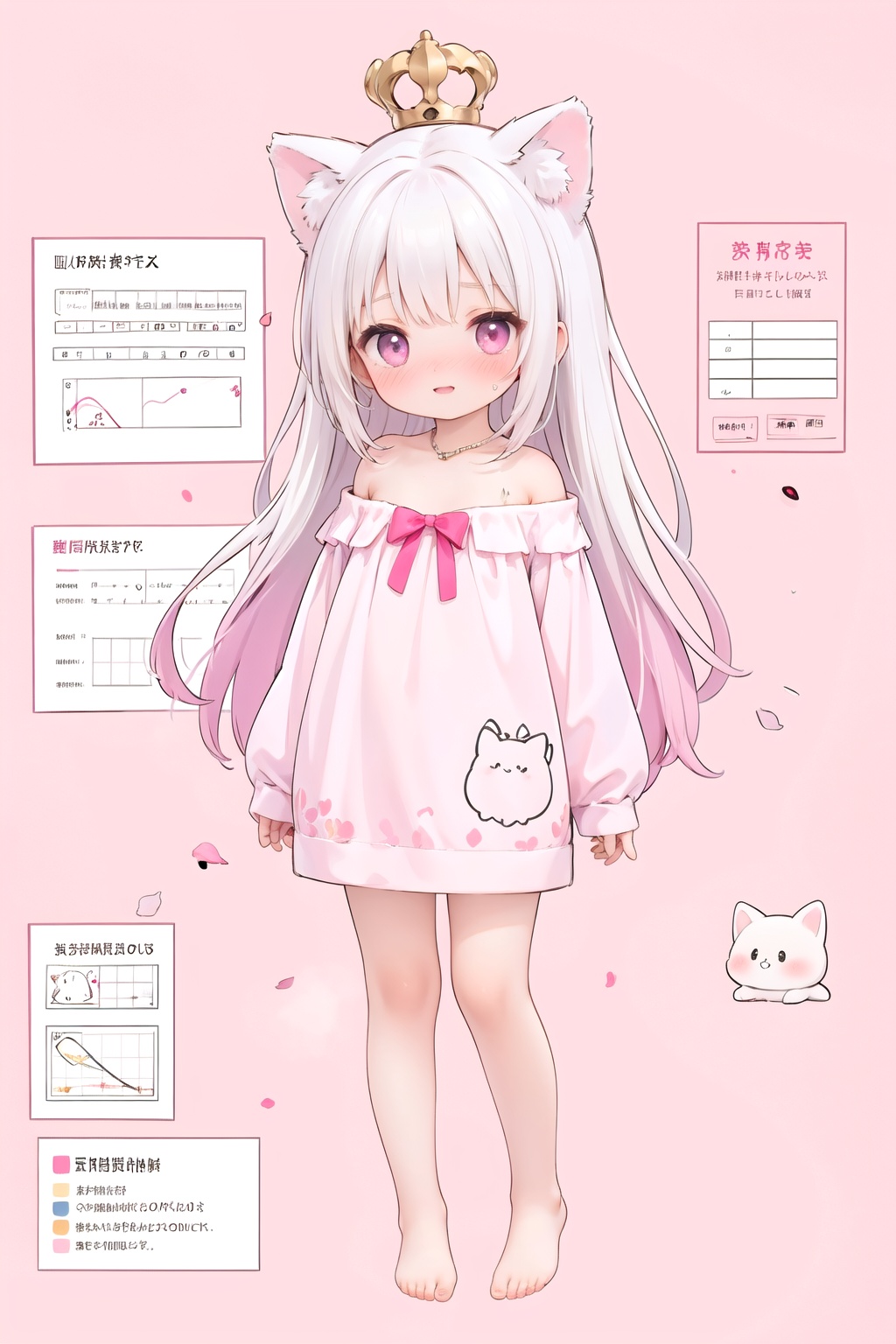 (pink background:1.2), sakura, petals, loli, child, little girl, best quality, graphite \\(medium\\), ske, gradient, animal ears, rainbow, note, white hair, (pink eyes:1.2), light smile, long hair, highres, absurdres, full body, (ultra-detailed:1.1025), (illustration:1.1025), (infographic:1.2), (loli:1.3), pajamas, little girl, patent drawings, physical measurement, (all clothes configuration:1.15), stationery, (solo), perfectly drawn hands, standing, cohesive background, (character sheet), thin, (full body), cute, shy, barefoot, ((nose blush,shy)), frown, parted lips, steaming body, arms behind back, off-shoulder_sweater, jewelry