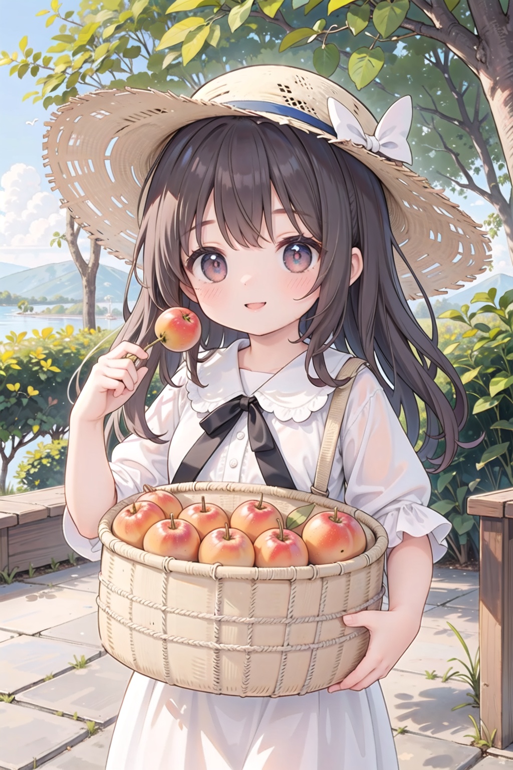 A group of little girls sat under a loquat tree eating loquats, a basket full of them, close-up, straw hats, curly hair, big eyes, smiles, laughter, kittens catching butterflies, the tree covered with loquats, masterpiece, best quality
