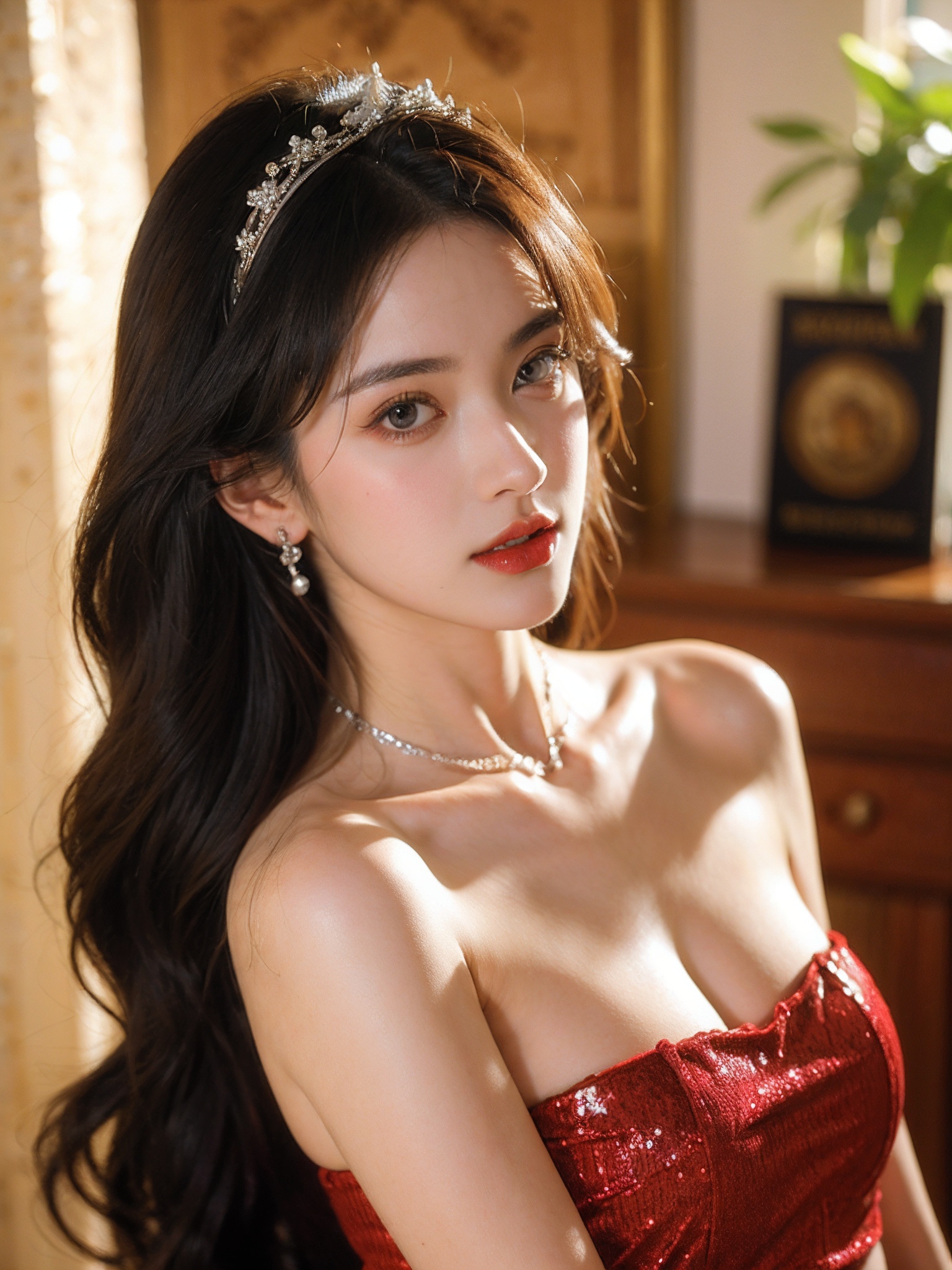 1girl,qianjin,(8k, RAW photo, best quality, masterpiece:1.3),(realistic,photo-realistic:1.37),(looking at viewer:1.331),soft light,extremely beautiful face,Random hairstyle,Random expression,big eyes,an extremely delicate and beautiful girl,depth of field,blurry background,blurry foreground,delicate,beautiful,beautiful face,beautiful eyes,beautiful girl,delicate face,delicate girl,8k wallpaper,(best quality:1.12),(detailed:1.12),(intricate:1.12),(ultra-detailed:1.12),(highres:1.12),hyper detailed,ultra-detailed,high resolution illustration,colorful,8k wallpaper,highres,Cinematic light,ray tracing,(8k, RAW photo, best quality, masterpiece, ultra highres, ultra detailed:1.2),(realistic, photo-realistic:),formal_dress,(red dress:1.3),jewelry,earrings,necklace,dress,long hair,breasts,cleavage,blurry,bare shoulders,parted lips,black dress,red lips,black hair,pearl necklace,looking at viewer,blurry background,strapless dress,strapless,lips,tiara,medium breasts,upper body,lipstick,indoors,makeup,gloves,realistic,gem,