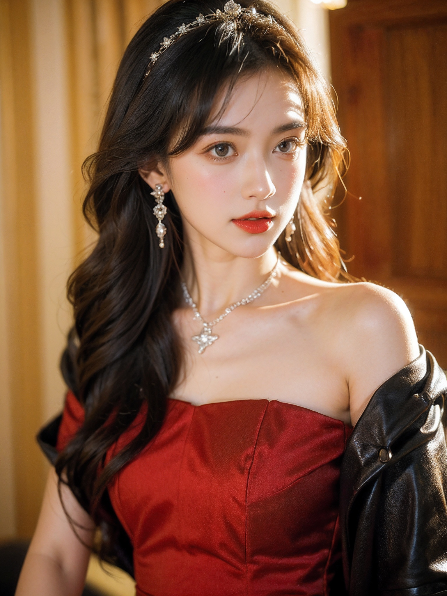 1girl,qianjin,(8k, RAW photo, best quality, masterpiece:1.3),(realistic,photo-realistic:1.37),(looking at viewer:1.331),soft light,extremely beautiful face,Random hairstyle,Random expression,big eyes,an extremely delicate and beautiful girl,depth of field,blurry background,blurry foreground,delicate,beautiful,beautiful face,beautiful eyes,beautiful girl,delicate face,delicate girl,8k wallpaper,(best quality:1.12),(detailed:1.12),(intricate:1.12),(ultra-detailed:1.12),(highres:1.12),hyper detailed,ultra-detailed,high resolution illustration,colorful,8k wallpaper,highres,Cinematic light,ray tracing,(8k, RAW photo, best quality, masterpiece, ultra highres, ultra detailed:1.2),(realistic, photo-realistic:),formal_dress,(red dress:1.3),jewelry,earrings,necklace,dress,long hair,breasts,cleavage,blurry,bare shoulders,parted lips,black dress,red lips,black hair,pearl necklace,looking at viewer,blurry background,strapless dress,strapless,lips,tiara,medium breasts,upper body,lipstick,indoors,makeup,gloves,realistic,gem,