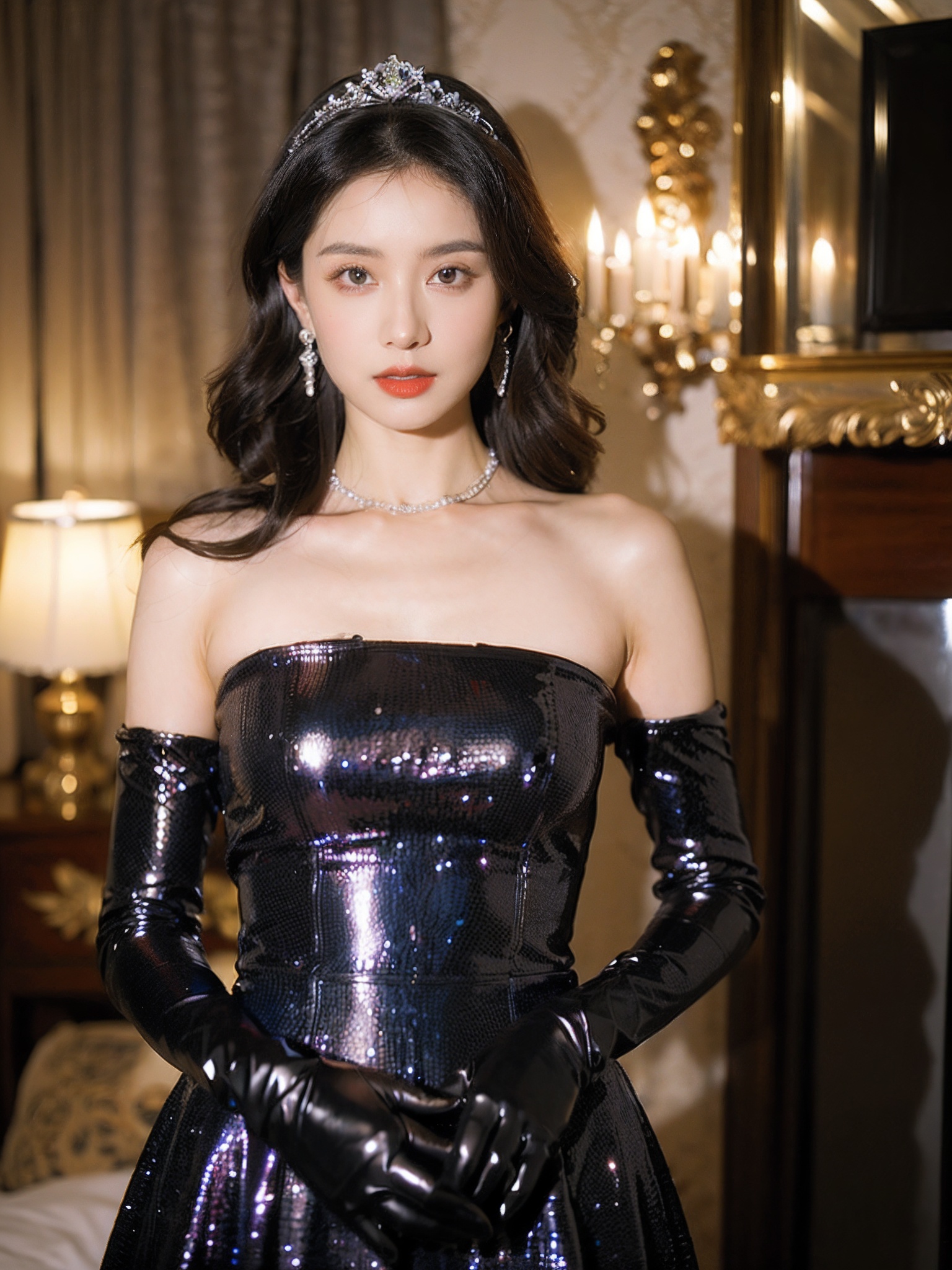 1girl,qianjin,(8k, RAW photo, best quality, masterpiece:1.3),(realistic,photo-realistic:1.37),(looking at viewer:1.331),soft light,extremely beautiful face,Random hairstyle,Random expression,big eyes,an extremely delicate and beautiful girl,depth of field,blurry background,blurry foreground,delicate,beautiful,beautiful face,beautiful eyes,beautiful girl,delicate face,delicate girl,8k wallpaper,(best quality:1.12),(detailed:1.12),(intricate:1.12),(ultra-detailed:1.12),(highres:1.12),hyper detailed,ultra-detailed,high resolution illustration,colorful,8k wallpaper,highres,Cinematic light,ray tracing,(8k, RAW photo, best quality, masterpiece, ultra highres, ultra detailed:1.2),(realistic, photo-realistic:),formal_dress,red dress,jewelry,earrings,necklace,dress,long hair,breasts,cleavage,blurry,bare shoulders,parted lips,black dress,red lips,black hair,pearl necklace,looking at viewer,blurry background,strapless dress,strapless,lips,tiara,medium breasts,upper body,lipstick,indoors,makeup,gloves,realistic,gem,