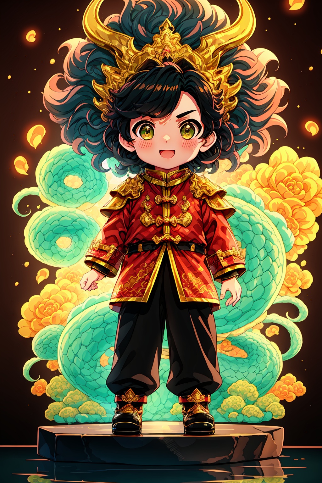  1boy, black pants, brown hair, chibi, chinese clothes, dragon, full body, green eyes, long sleeves, looking at viewer, male focus, open mouth, pants, petals, smile, solo, standing, tail