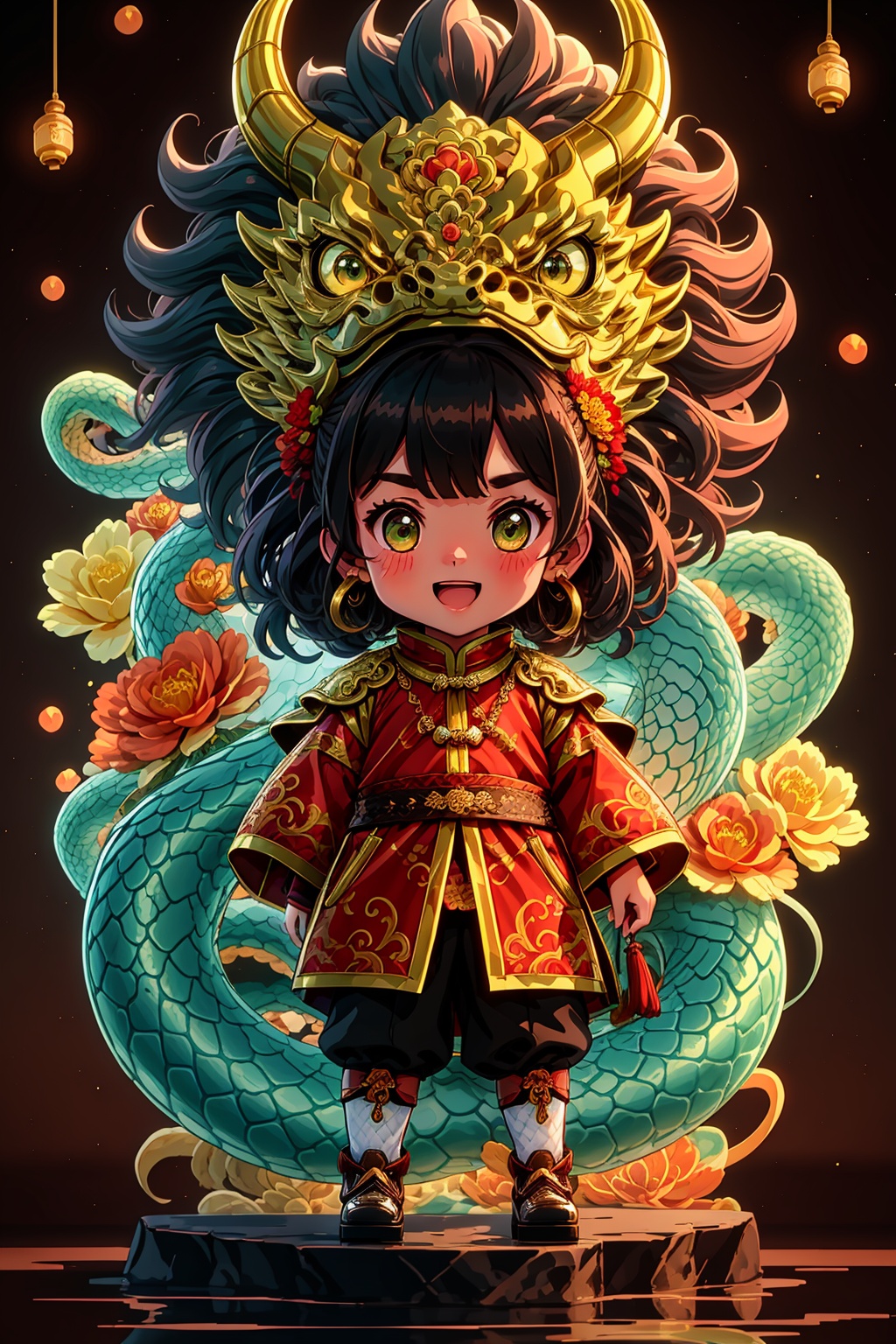  1girl, :d, animal, bangs, blush, brown hair, chinese clothes, double bun, dragon, dragon horns, dragon tail, earrings, eastern dragon, eyebrows visible through hair, flower, green eyes, hair flower, hair ornament, hair rings, jewelry, long hair, long sleeves, looking at viewer, new year, open mouth, scales, smile, snake, solo, tail, tassel, very long hair, wide sleeves