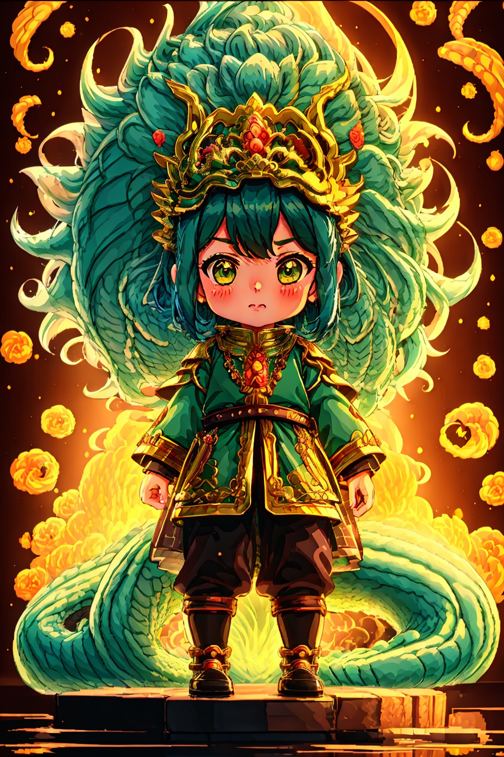  1girl, blush, chibi, closed mouth, dragon, dragon tail, earrings, eastern dragon, full body, green eyes, horns, jewelry, long hair, long sleeves, looking at viewer, scales, solo, tail, very long hair, white background