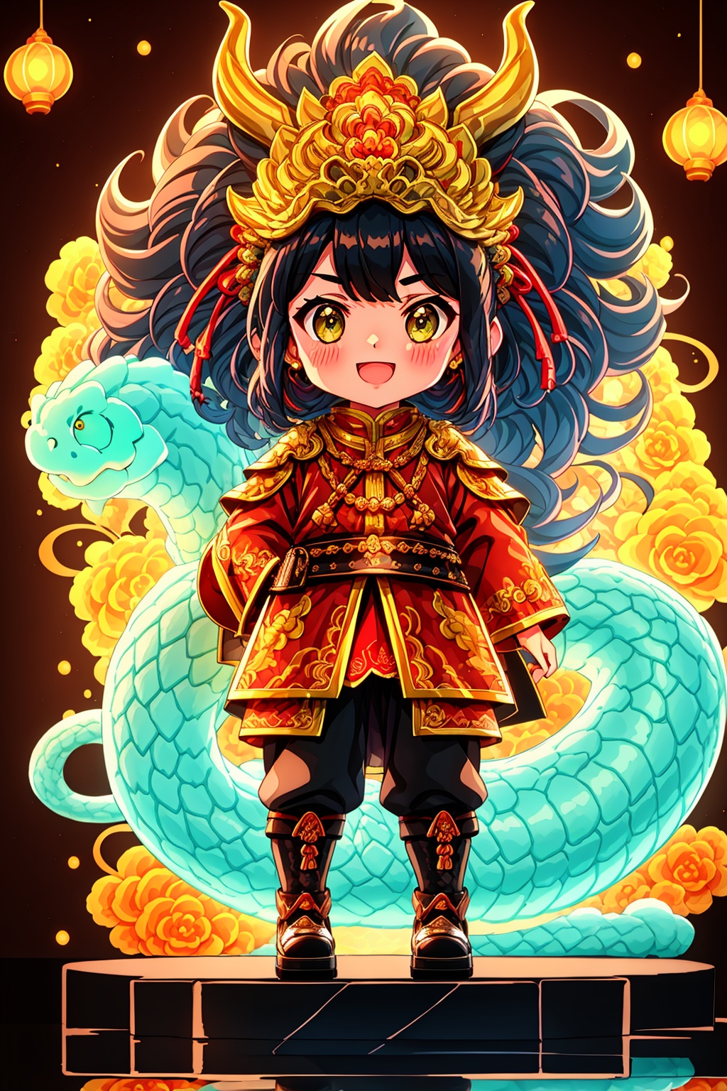  1girl, :d, animal, bangs, blush, brown hair, chinese clothes, double bun, dragon, dragon horns, dragon tail, earrings, eastern dragon, eyebrows visible through hair, flower, green eyes, hair flower, hair ornament, hair rings, jewelry, long hair, long sleeves, looking at viewer, new year, open mouth, scales, smile, snake, solo, tail, tassel, very long hair, wide sleeves