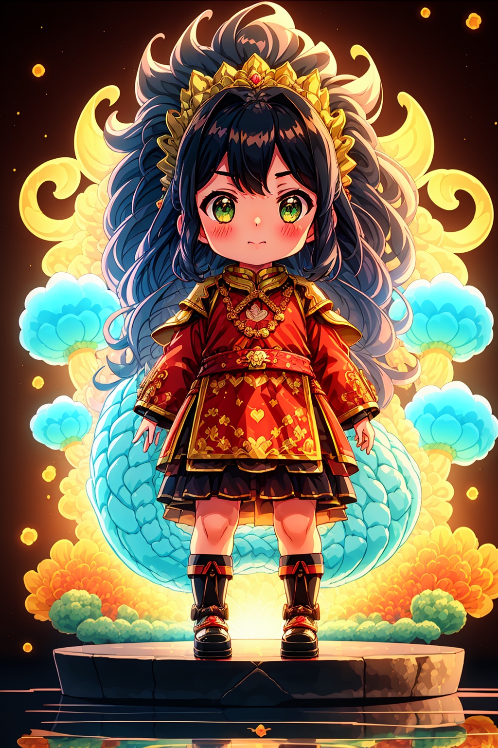  1girl, =3, artist name, black hair, blue sky, blush, breath, chibi, chinese clothes, closed mouth, cloud, cloudy sky, dress, flower, full body, green eyes, hair flower, hair ornament, heart, heavy breathing, long hair, long sleeves, sigh, sky, smile, smoke, solo, spoken heart, steam, twitter username, very long hair, visible air