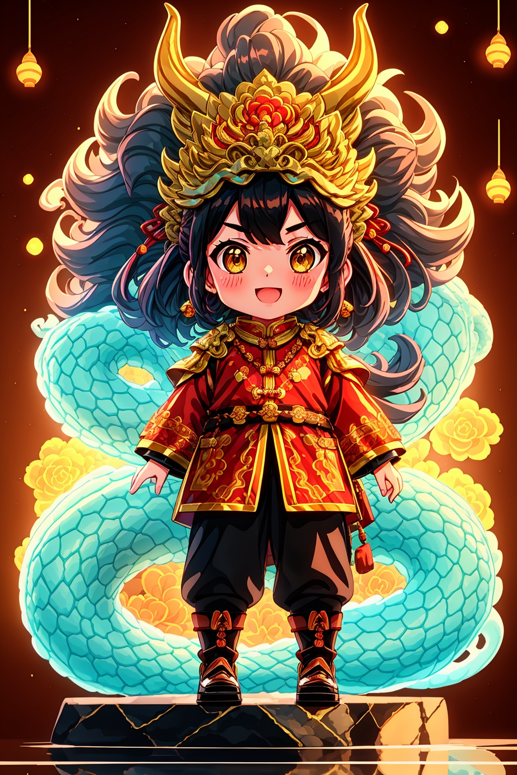  1girl, :d, animal, bangs, blush, brown hair, chinese clothes, double bun, dragon, dragon horns, dragon tail, earrings, eastern dragon, eyebrows visible through hair, flower, green eyes, hair flower, hair ornament, hair rings, jewelry, long hair, long sleeves, looking at viewer, new year, open mouth, scales, smile, snake, solo, tail, tassel, very long hair, wide sleeves