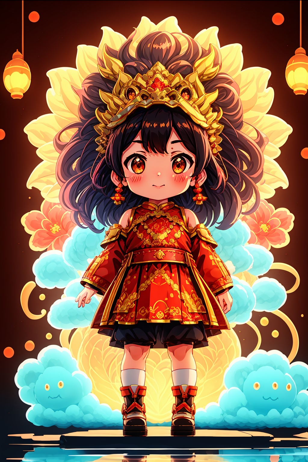  1girl, =3, artist name, bare shoulders, blush, breath, brown eyes, brown hair, chibi, chinese clothes, closed mouth, cloud, dress, earrings, fire, flower, hair flower, hair ornament, jewelry, long hair, long sleeves, red flower, sigh, smile, smoke, smoking, solo, steam, very long hair, white dress