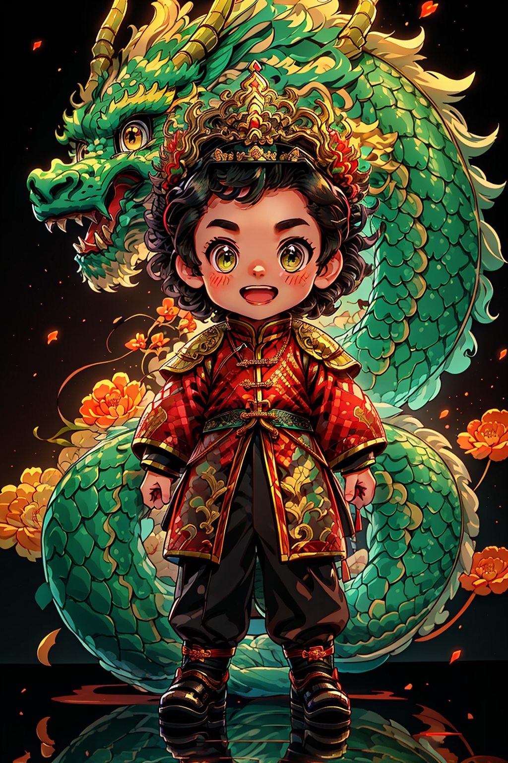  1boy, black pants, brown hair, chibi, chinese clothes, dragon, full body, green eyes, long sleeves, looking at viewer, male focus, open mouth, pants, petals, smile, solo, standing, tail, eastern dragon