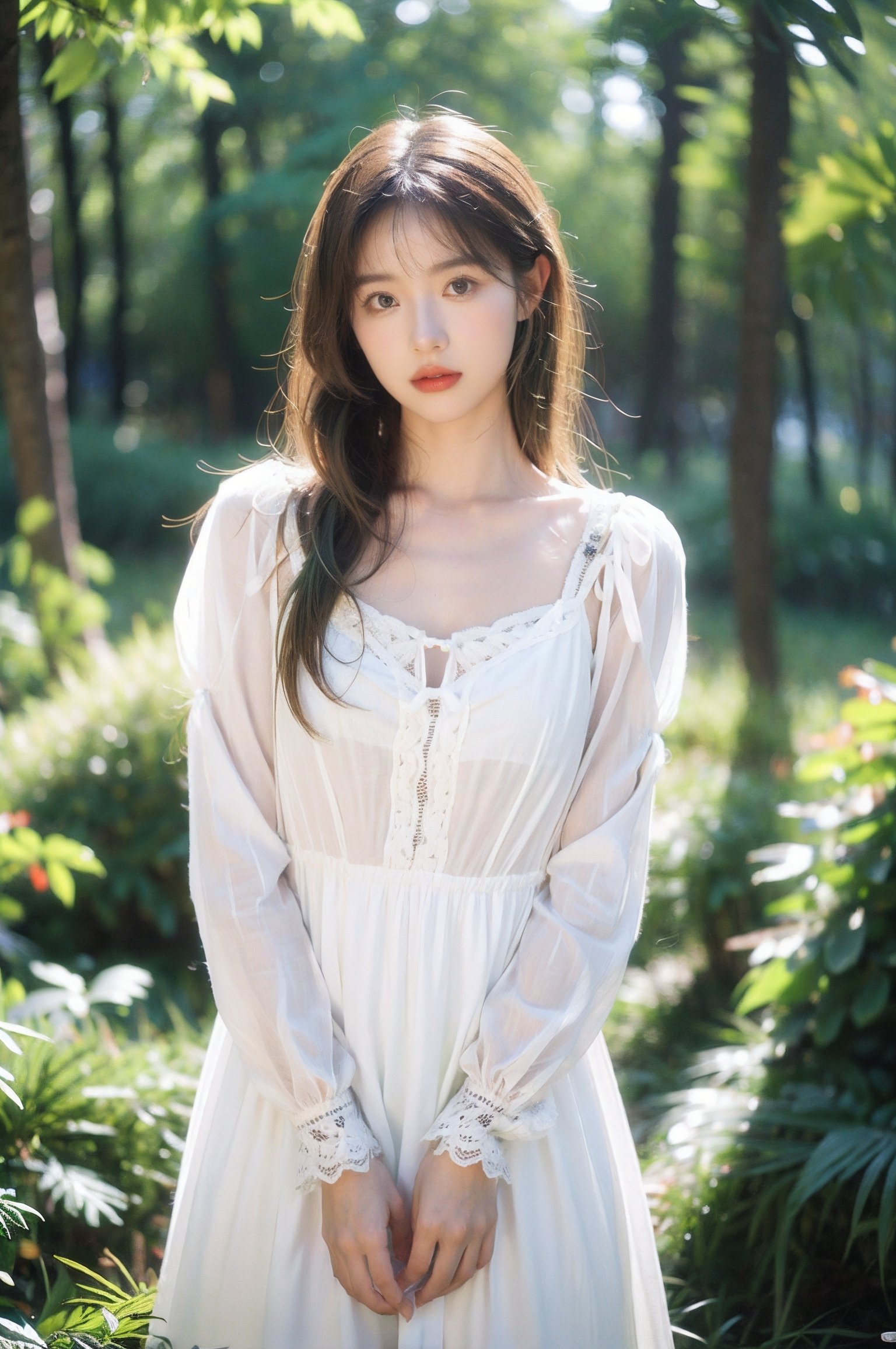 1girl,(8k, RAW photo, best quality, masterpiece:1.3),(realistic,photo-realistic:1.37),soft light,(extremely beautiful face:1.1),big eyes,an extremely delicate and beautiful girl,depth of field,blurry background,delicate,beautiful,beautiful face,beautiful eyes,beautiful girl,delicate face,delicate girl,8k wallpaper,(best quality:1.12),(ultra-detailed:1.12),(highres:1.12),hyper detailed,ultra-detailed,high resolution illustration,colorful,8k wallpaper,highres,Cinematic light,ray tracing,(8k, RAW photo, best quality, masterpiece, ultra highres, ultra detailed:1.2),(realistic, photo-realistic:),outdoors,forest,butterfly,green glowing plants,<lora:SD1.5泛光调节_v1.0:0.3>,long_sleeves,(blond hair:1.2),(lolita:1.2),dress,lace,spirit,lace,ribbon,hair_ribbon,nature,Dreamy forest,cowboy_shot,flowers meadows,senlin,leaf,<lora:Kolak_森系氛围光感:0.6>,