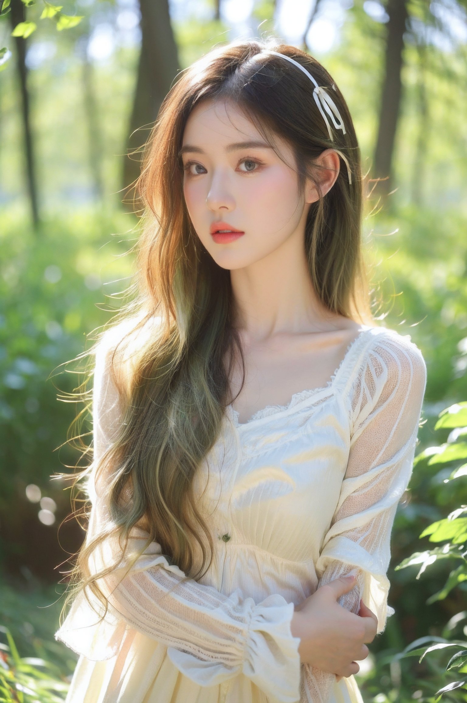 1girl,(8k, RAW photo, best quality, masterpiece:1.3),(realistic,photo-realistic:1.37),soft light,(extremely beautiful face:1.1),big eyes,mix4,an extremely delicate and beautiful girl,depth of field,blurry background,delicate,beautiful,beautiful face,beautiful eyes,beautiful girl,delicate face,delicate girl,8k wallpaper,(best quality:1.12),(ultra-detailed:1.12),(highres:1.12),hyper detailed,ultra-detailed,high resolution illustration,colorful,8k wallpaper,highres,Cinematic light,ray tracing,(8k, RAW photo, best quality, masterpiece, ultra highres, ultra detailed:1.2),(realistic, photo-realistic:),outdoors,forest,butterfly,green glowing plants,<lora:SD1.5泛光调节_v1.0:0.3>,long_sleeves,(blond hair:1.2),(lolita:1.2),dress,lace,spirit,lace,ribbon,hair_ribbon,nature,lyxz,portrait,Dreamy forest,flowers meadows,<lora:森科氛围光(2):0.6>,