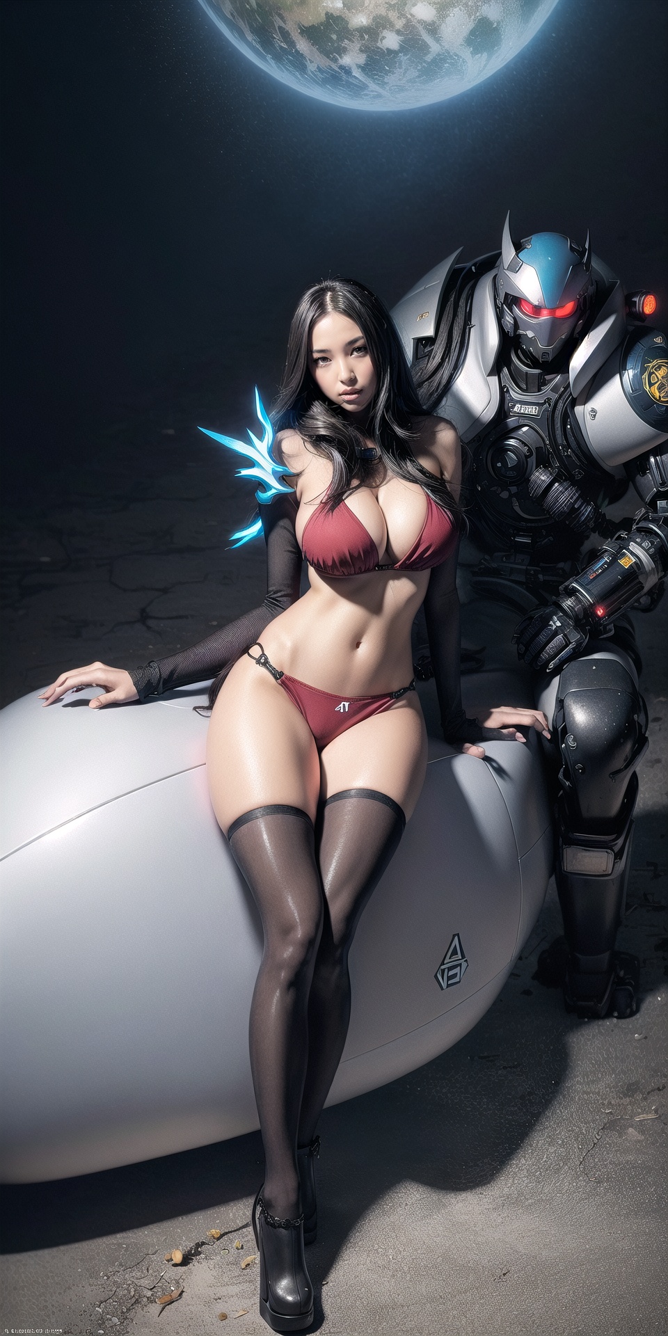 concept mecha girl dark hair in dark red firing ambient cyberpunk reds glow eyes blue electrick sparks high res,  high qua...