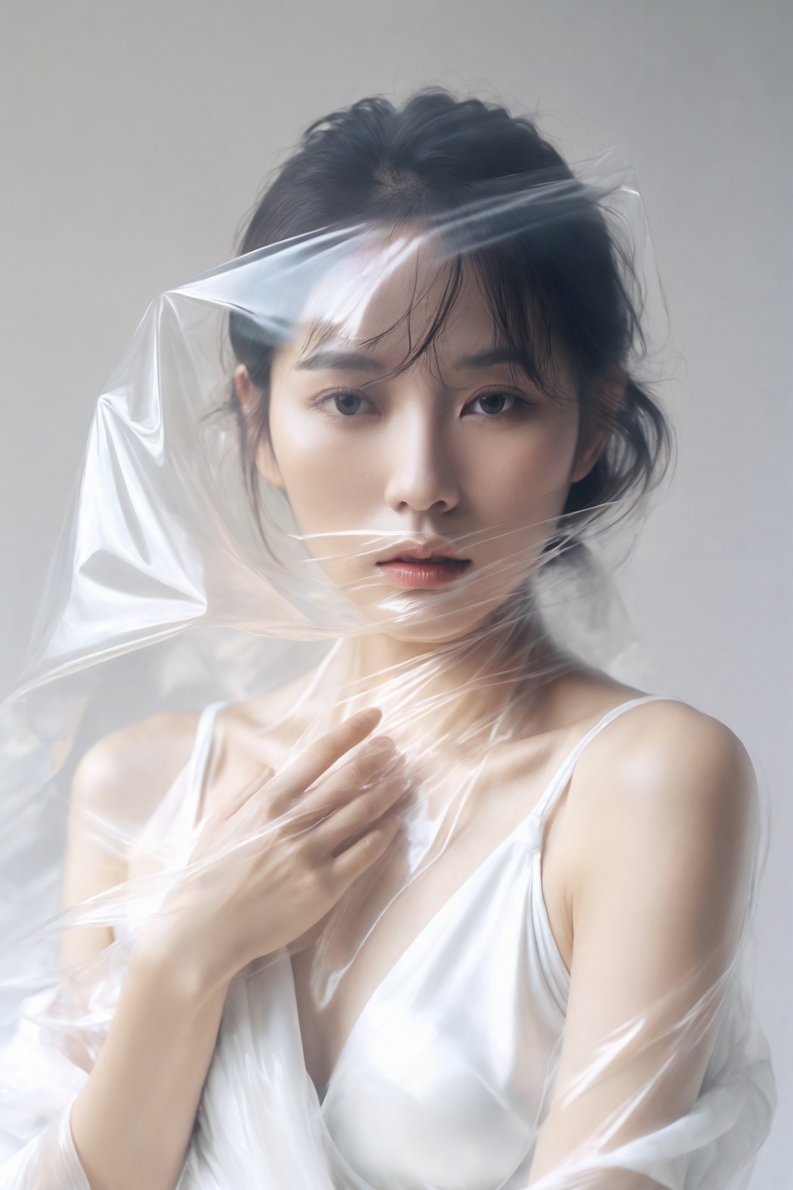 a white image shows a woman covering herself with plastic,  in the style of soft focus romanticism,  fashion bazaar style...