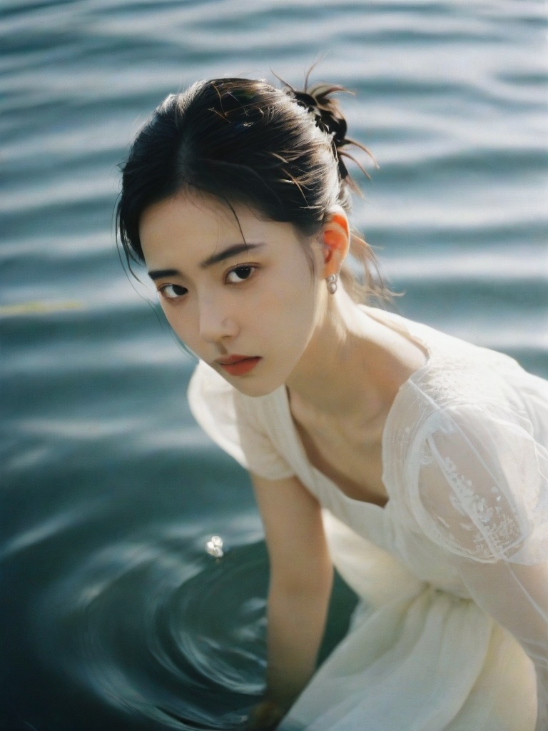 analog film photo A black-haired girl,  wearing a white dress,  with a single hair bun adorned with a hairpin on Tensor.Art