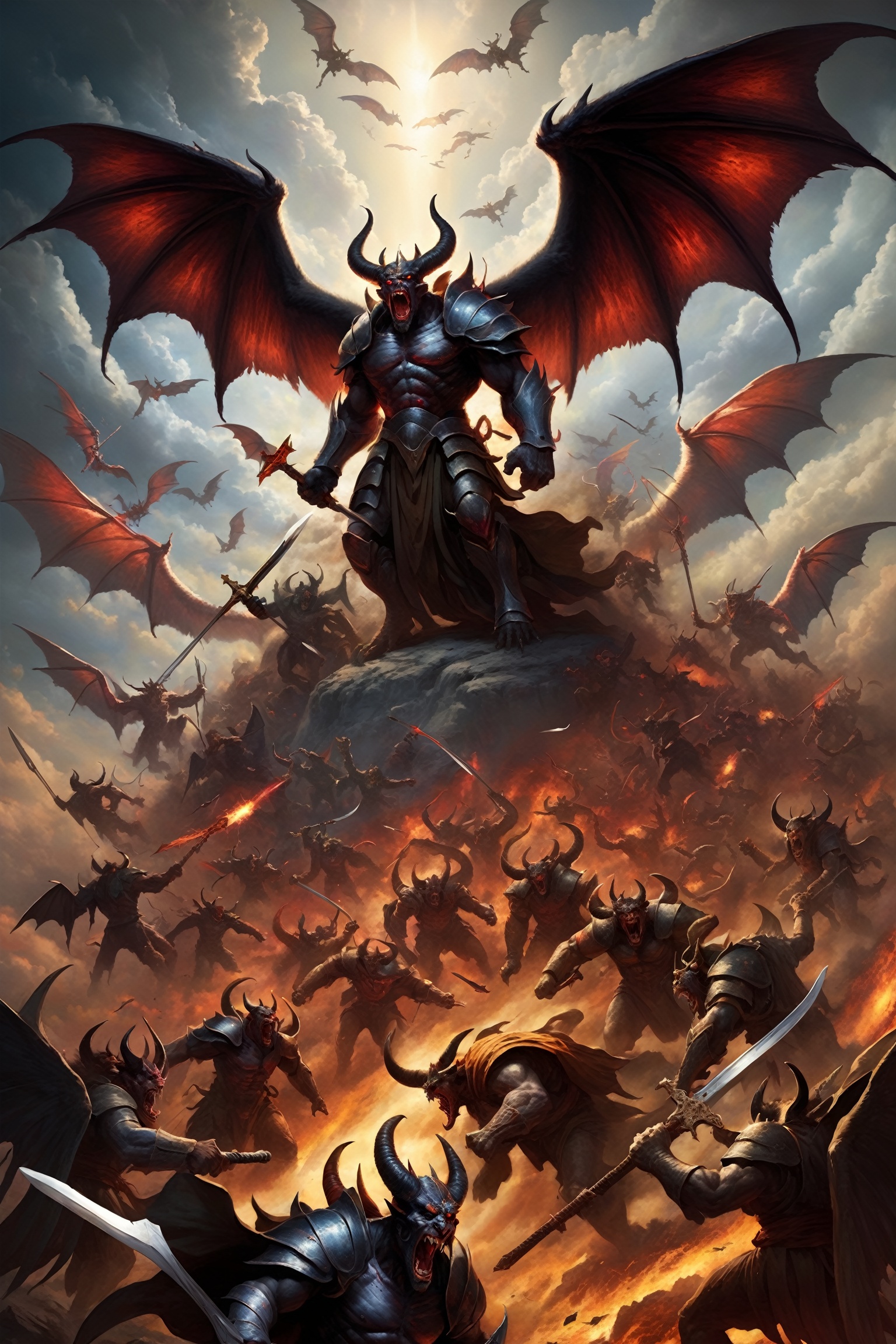 Create a hyper realistic image of Demons invading the heaven and winning war between angels and demons..colourful ,  wide...