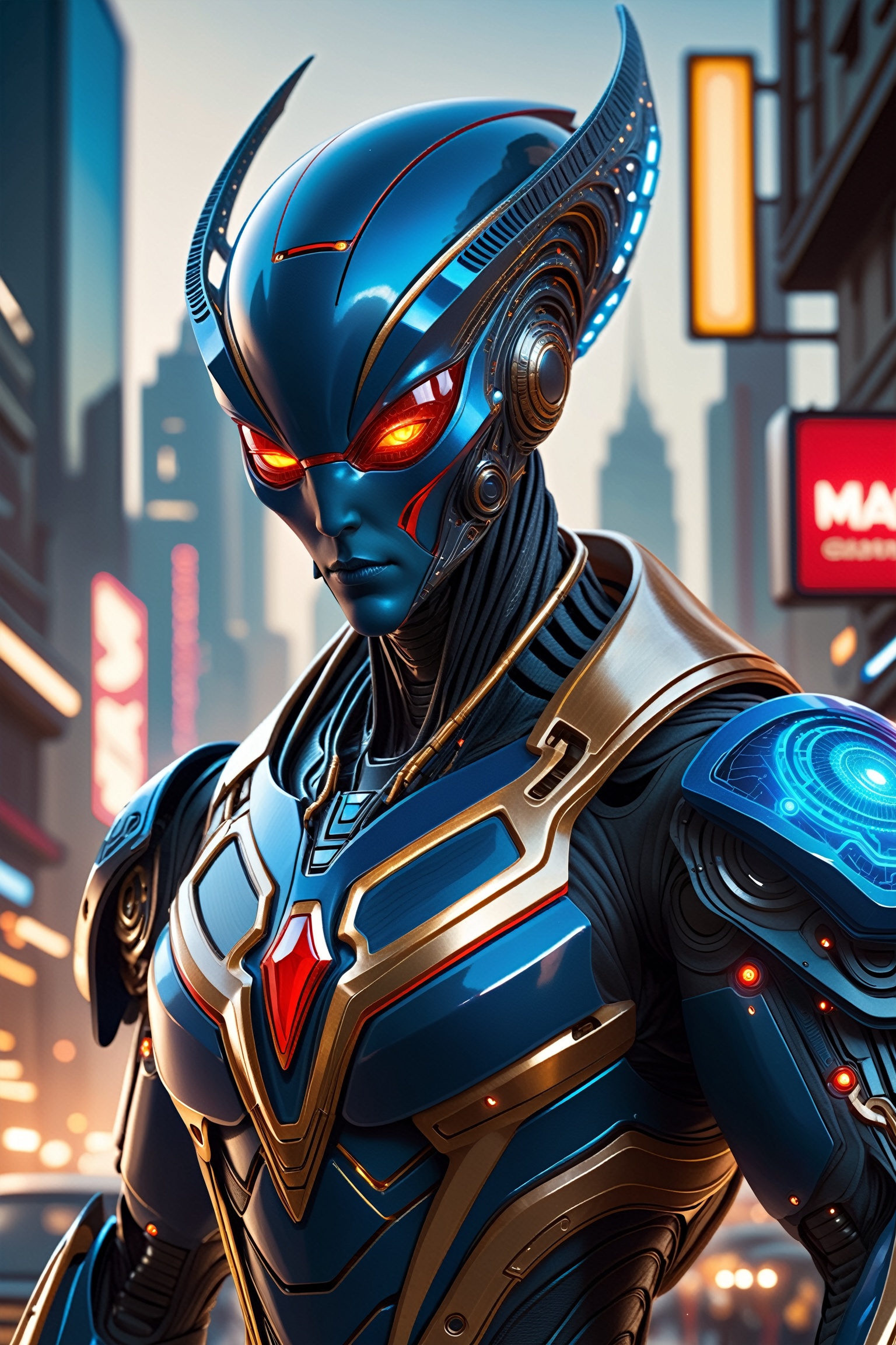 alien humanoid,  artwork of a futuristic artificial intelligence superstar with frames made of detailed circuits. marvel s...