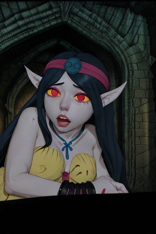 dr24lover,  girl lying on her side in a castle bed looking sad with her mouth open,  yellow sclera on Tensor.Art