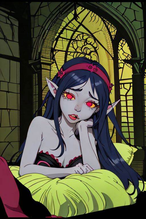 dr24lover,  girl lying on her side in a castle bed looking sad with her mouth open,  yellow sclera on Tensor.Art
