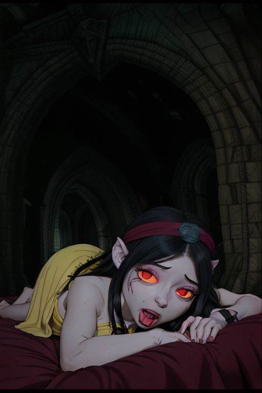 dr24lover,  girl lying on her side in a castle bed looking sad with her mouth open,  yellow sclera on Tensor.Art