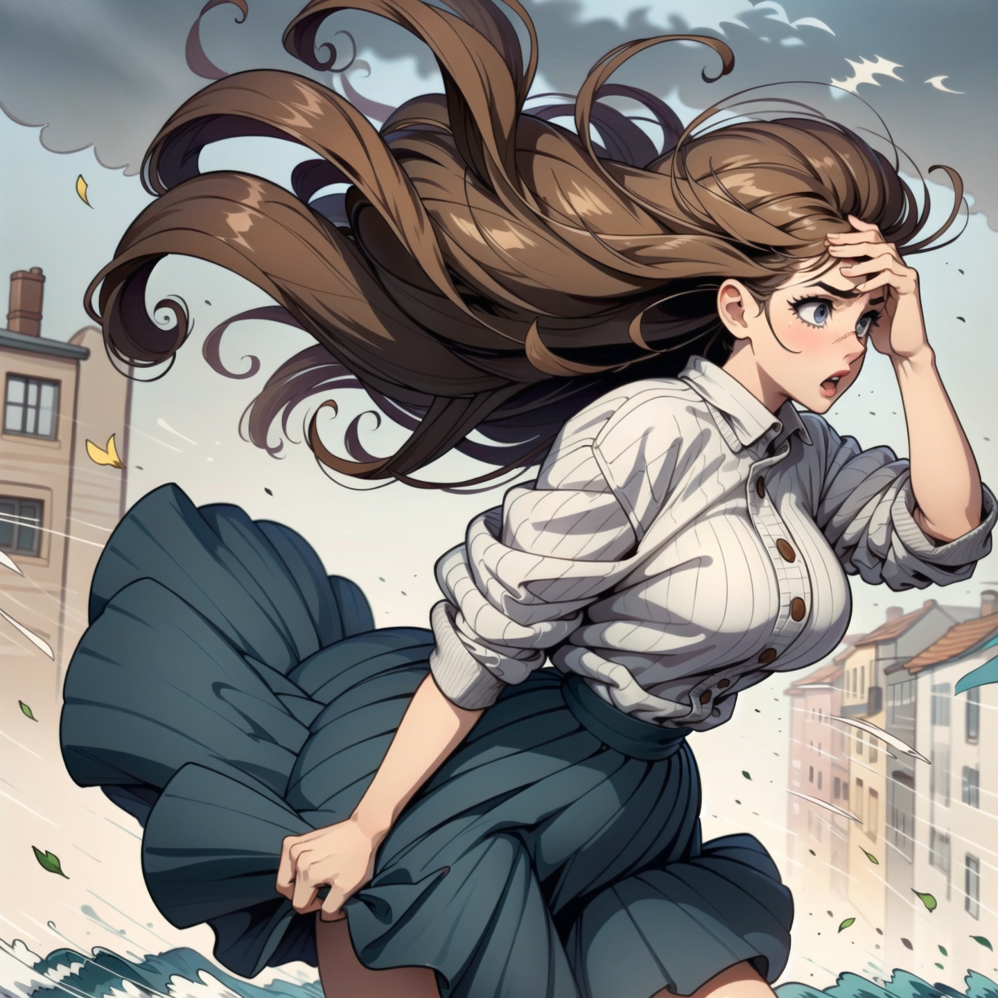 voluptuous woman,  loose jumper,  long pleated skirt on Tensor.Art