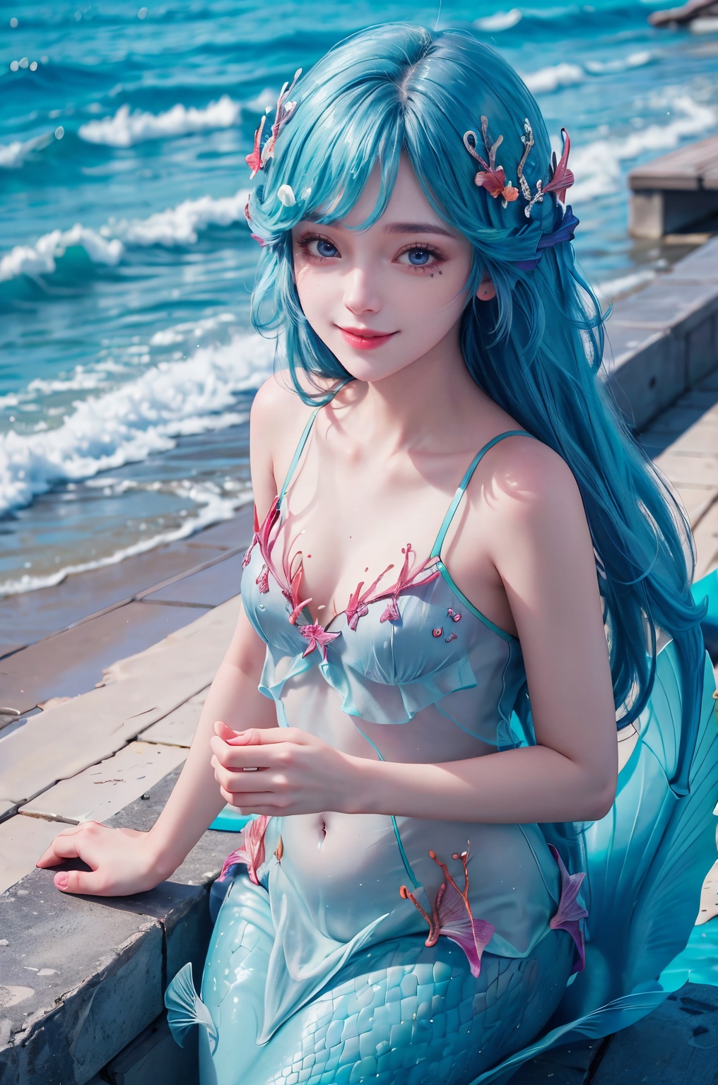  DSLR, (Good structure), HDR, UHD, 8K, A real person, Highly detailed, best quality, masterpiece, 1girl, realistic, Highly detailed, (EOS R8, 50mm, F1.2, 8K, RAW photo:1.2), ultra realistic 8k, (best illumination, best shadow, extremely delicate and beautiful), (official art, beautiful and aesthetic:1.2), solo, 1girl, , Wind, flowing hair, kind smile, , pose for picture, Dynamic pose, looking_at_viewer, 
duoliya,blue_hair,mermaid