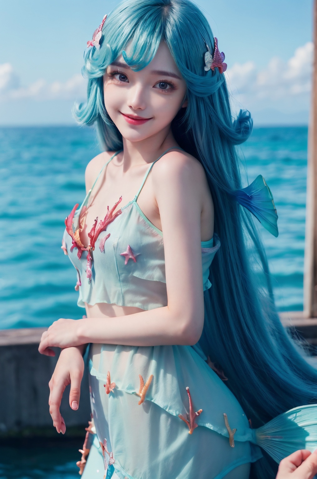  DSLR, (Good structure), HDR, UHD, 8K, A real person, Highly detailed, best quality, masterpiece, 1girl, realistic, Highly detailed, (EOS R8, 50mm, F1.2, 8K, RAW photo:1.2), ultra realistic 8k, (best illumination, best shadow, extremely delicate and beautiful), (official art, beautiful and aesthetic:1.2), solo, 1girl, , Wind, flowing hair, kind smile, , pose for picture, Dynamic pose, looking_at_viewer, 
duoliya,blue_hair,mermaid