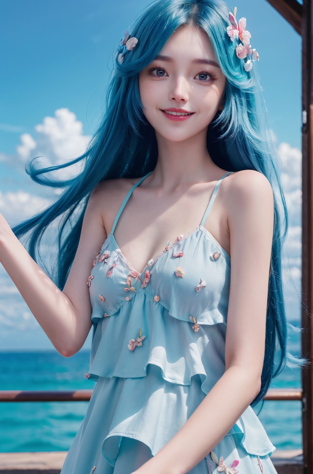  DSLR, (Good structure), HDR, UHD, 8K, A real person, Highly detailed, best quality, masterpiece, 1girl, realistic, Highly detailed, (EOS R8, 50mm, F1.2, 8K, RAW photo:1.2), ultra realistic 8k, (best illumination, best shadow, extremely delicate and beautiful), (official art, beautiful and aesthetic:1.2), solo, 1girl, , Wind, flowing hair, kind smile, , pose for picture, Dynamic pose, looking_at_viewer, 
duoliya,blue_hair,dress,