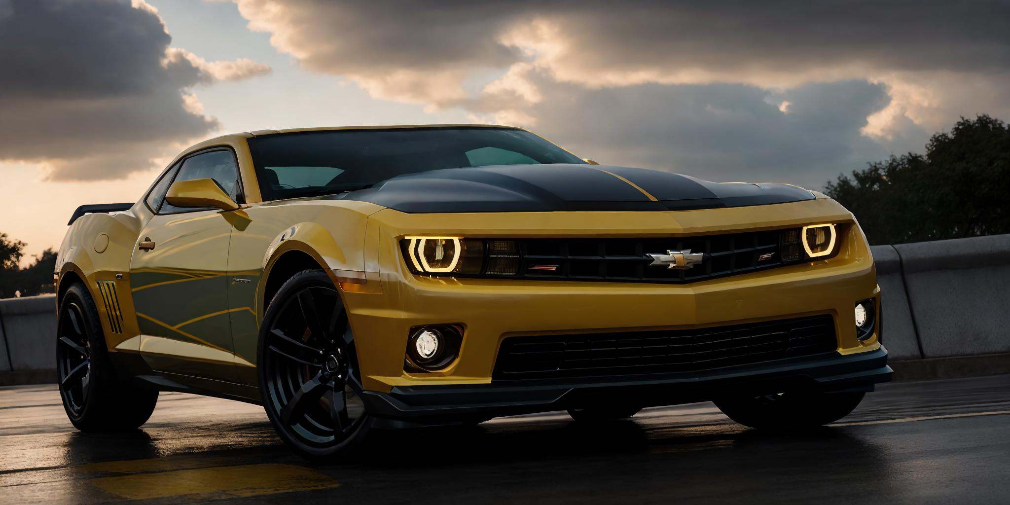 Camaro - Bumblebee,Camaro,masterpiece, highly detailed photorealistic 8k raw photo,Rainy night, bright tones,real light and shadow,best cinematic quality, volumetric lighting and shadows, the front of the car has a Camaro logo,1girl driving car, sprktt,cutting-edge design, showcasing sleek lines, advanced features, innovation, futuristic cityscape, high-tech laboratory, futuristic cityscape background, Full shot, shiny and reflective bodywork ,8k <lora:Camaro - Bumblebee:0.7>