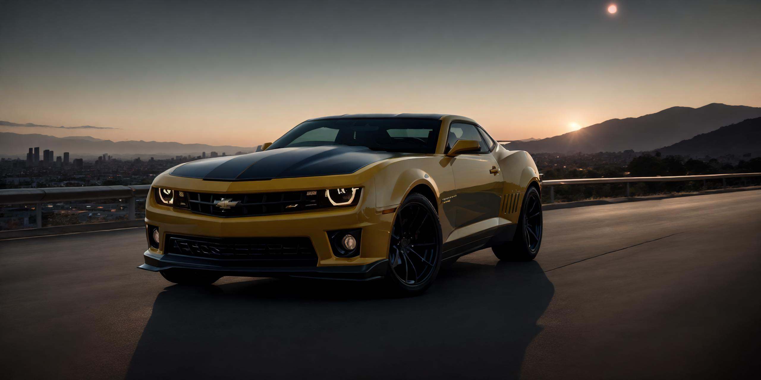 Camaro - Bumblebee,Camaro,masterpiece, highly detailed photorealistic 8k raw photo,dark night,bright tones,real light and shadow,best cinematic quality, volumetric lighting and shadows, the front of the car has a Camaro logo,1girl driving car, sprktt,cutting-edge design, showcasing sleek lines, advanced features, innovation, futuristic cityscape, high-tech laboratory, futuristic cityscape background, Full shot, shiny and reflective bodywork ,8k <lora:Camaro - Bumblebee:0.7>