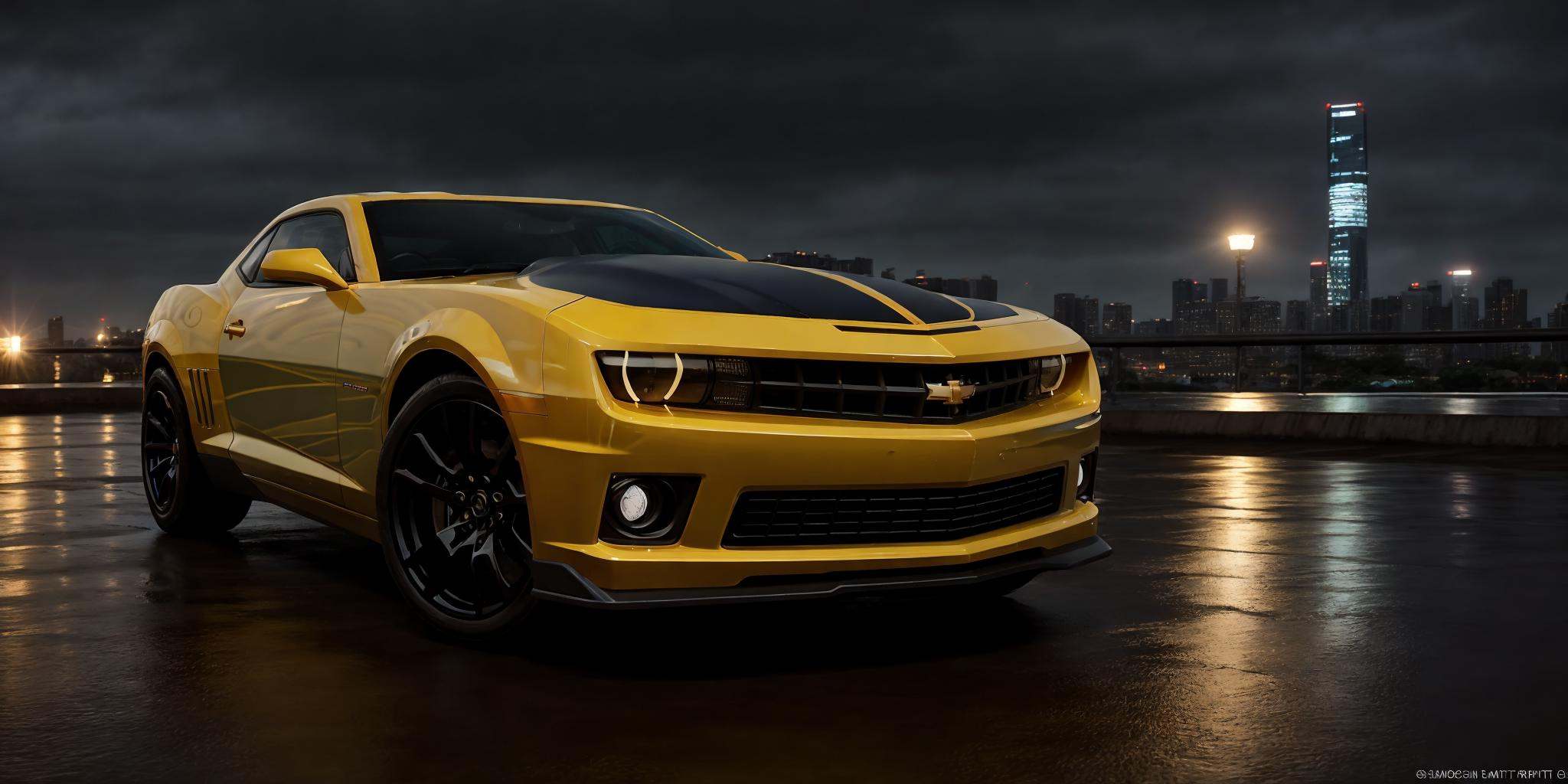 Camaro - Bumblebee,Camaro,masterpiece, highly detailed photorealistic 8k raw photo,Rainy night, night,bright tones,real light and shadow,best cinematic quality, volumetric lighting and shadows, the front of the car has a Camaro logo,1girl driving car, sprktt,cutting-edge design, showcasing sleek lines, advanced features, innovation, futuristic cityscape, high-tech laboratory, futuristic cityscape background, Full shot, shiny and reflective bodywork ,8k <lora:Camaro - Bumblebee:0.7>