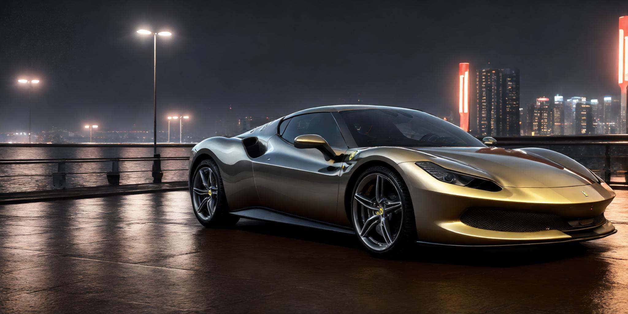 Ferrari 296,Ferrari car logos,masterpiece, highly detailed photorealistic 8k raw photo,Rainy night, night,bright tones,real light and shadow,best cinematic quality, volumetric lighting and shadows, the front of the car has a Ferrari logo,1girl,1girl driving car, sprktt,cutting-edge design, showcasing sleek lines, advanced features, innovation, futuristic cityscape, high-tech laboratory, futuristic cityscape background, Full shot, shiny and reflective bodywork ,8k <lora:Ferrari 296（法拉利296）:0.7> 