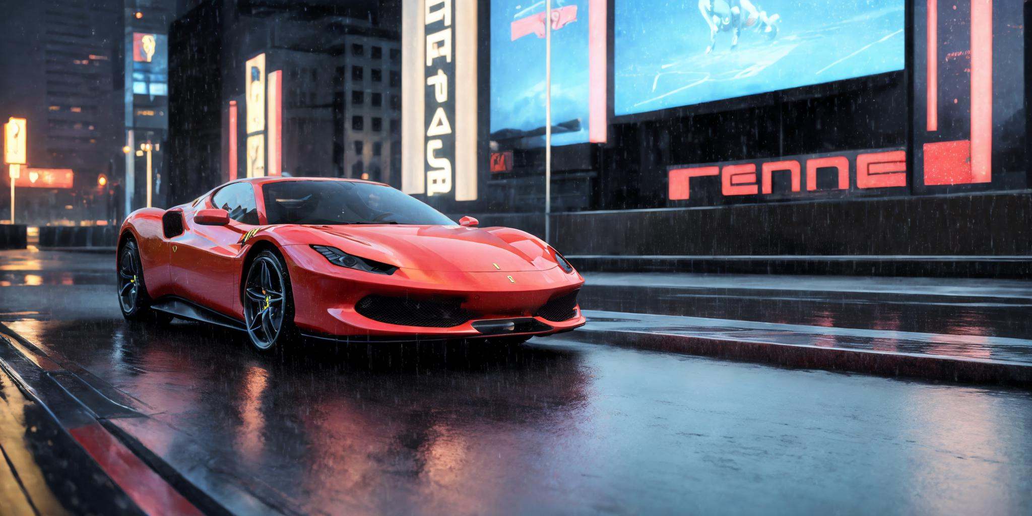 Ferrari 296,Ferrari car logos,masterpiece, highly detailed photorealistic 8k raw photo,Rainy night, night,bright tones,real light and shadow,best cinematic quality, volumetric lighting and shadows, the front of the car has a Ferrari logo,1girl,1girl driving car, sprktt,cutting-edge design, showcasing sleek lines, advanced features, innovation, futuristic cityscape, high-tech laboratory, futuristic cityscape background, Full shot, shiny and reflective bodywork ,8k <lora:Ferrari 296（法拉利296）:0.7>  <lora:supercargirl2:0.8>