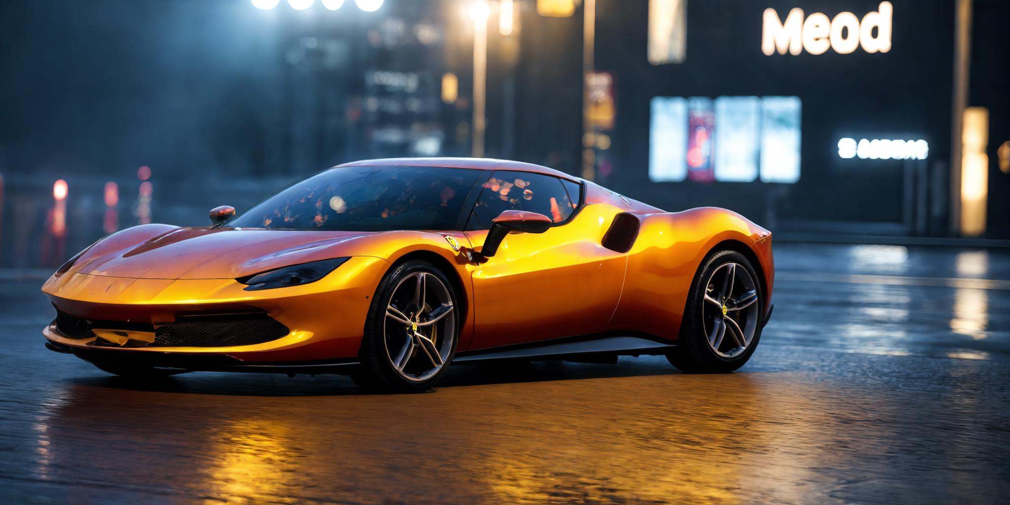 Ferrari,Ferrari 296,Ferrari car logos,masterpiece, highly detailed photorealistic 8k raw photo,Rainy night, night,bright tones,real light and shadow,best cinematic quality, volumetric lighting and shadows, the front of the car has a Ferrari logo,1girl,1girl driving car, sprktt,cutting-edge design, showcasing sleek lines, advanced features, innovation, futuristic cityscape, high-tech laboratory, futuristic cityscape background, Full shot, shiny and reflective bodywork ,8k <lora:Ferrari 296（法拉利296）:0.9>