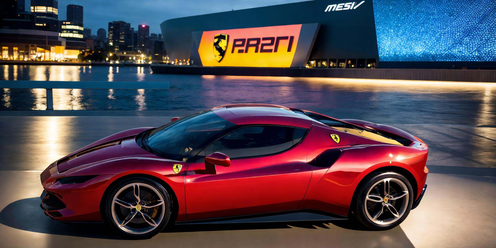 Ferrari 296,Ferrari car logos,a woman,masterpiece, highly detailed photorealistic 8k raw photo,Rainy night, night,bright tones,real light and shadow,best cinematic quality, volumetric lighting and shadows, the front of the car has a Ferrari logo,1girl,1girl driving car, sprktt,cutting-edge design, showcasing sleek lines, advanced features, innovation, futuristic cityscape, high-tech laboratory, futuristic cityscape background, Full shot, shiny and reflective bodywork ,8k <lora:Ferrari 296（法拉利296）:0.7>  <lora:supercargirl2:0.8>
