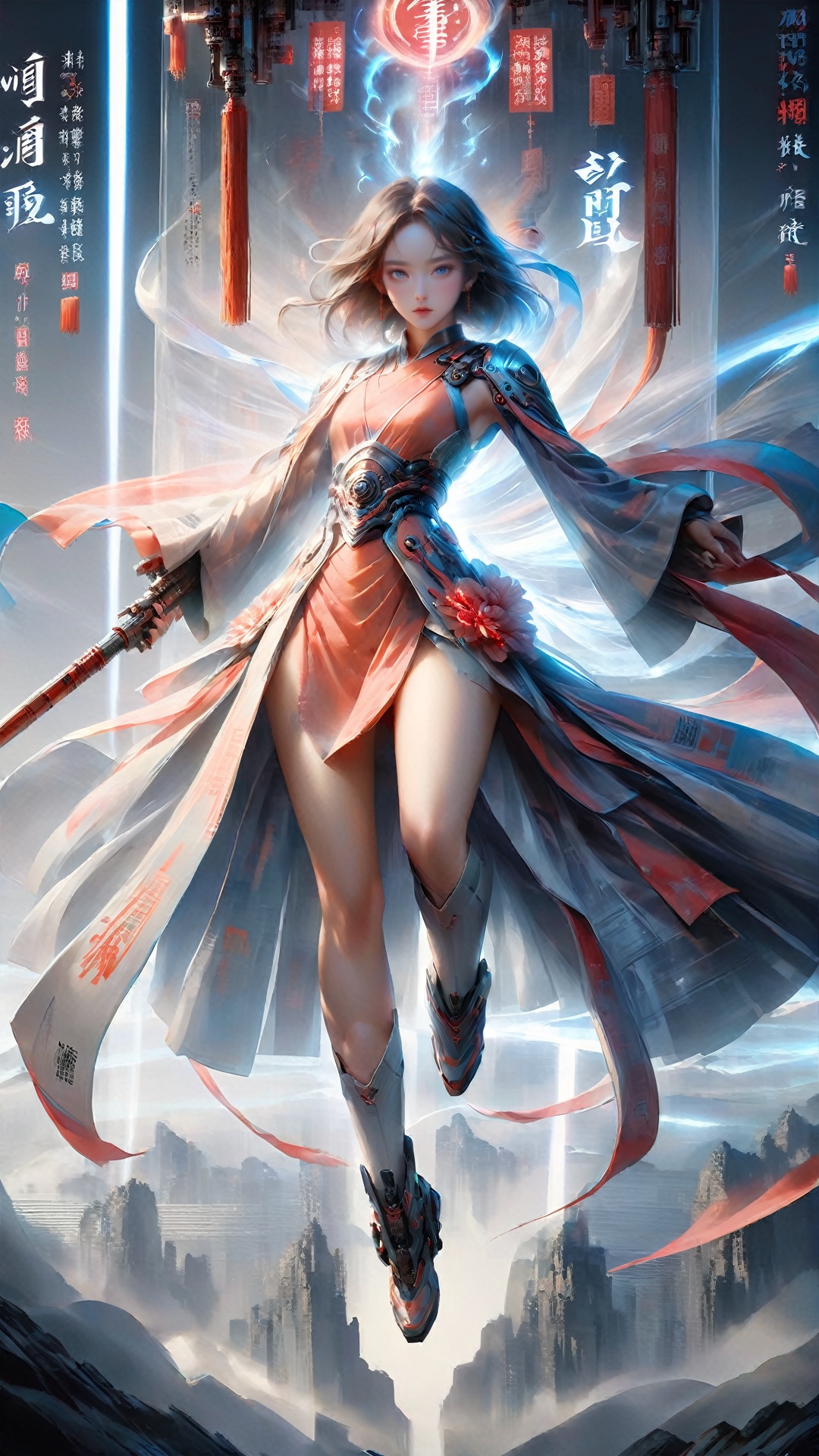 Surrounded by rotating transparent red scrolls,  floating transparent red Chinese characters,  dynamic on Tensor.Art