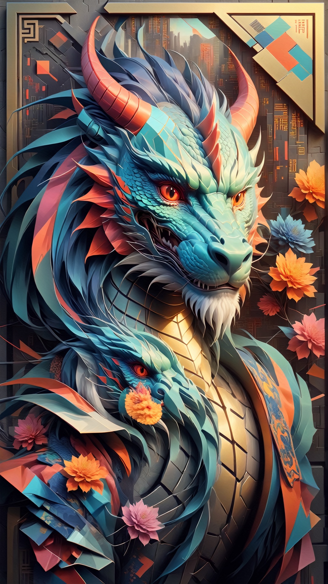 cubism,  Chinese dragon mascot,  Spring Festival atmosphere,  diagonal composition,  geometric shapes,  vibrant colors,  cyberpunk theme.,<lora:EMS-80952-EMS:0.800000>,<lora:EMS-87531-EMS:0.800000>,<lora:EMS-228302-EMS:0.800000>