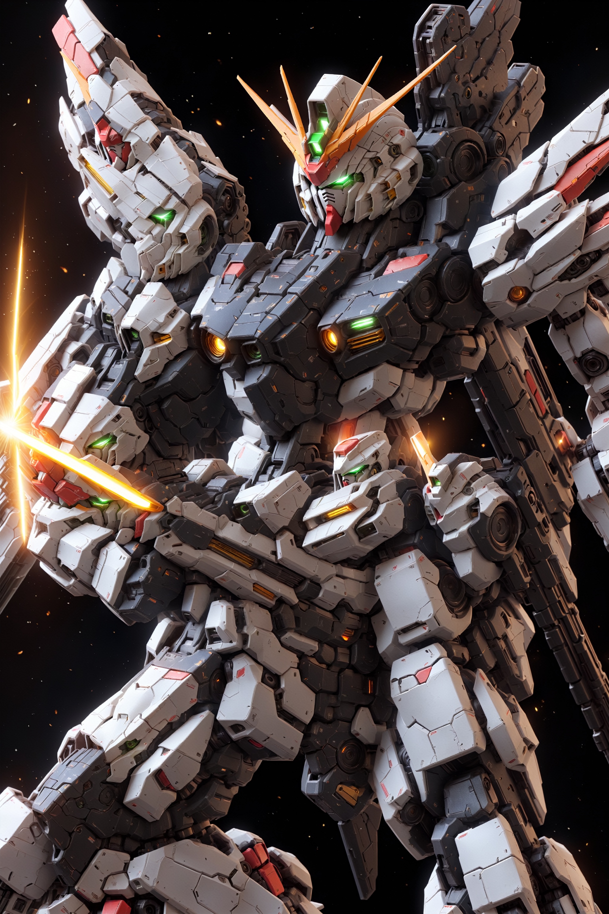 BJ_Gundam,  solo,  holding,  green_eyes,  weapon,  wings,  holding_weapon,  gun,  no_humans,  glowing,  robot,  holding_gun,  mecha,  glowing_eyes,  flying,  science_fiction,  mechanical_wings,  v-fin,  energy_gun,  beam_rifle,  cinematic lighting, strong contrast, high level of detail, Best quality, masterpiece, . Extremely high-resolution details, photographic, realism pushed to extreme, fine texture, incredibly lifelike, Gundam, SRS, Mecha, war background. planets background., Fire,  ORANGEBLACK,<lora:EMS-56901-EMS:0.800000>,<lora:EMS-33930-EMS:0.350000>,<lora:EMS-16546-EMS:0.800000>,<lora:EMS-22619-EMS:0.800000>,<lora:EMS-228302-EMS:0.800000>