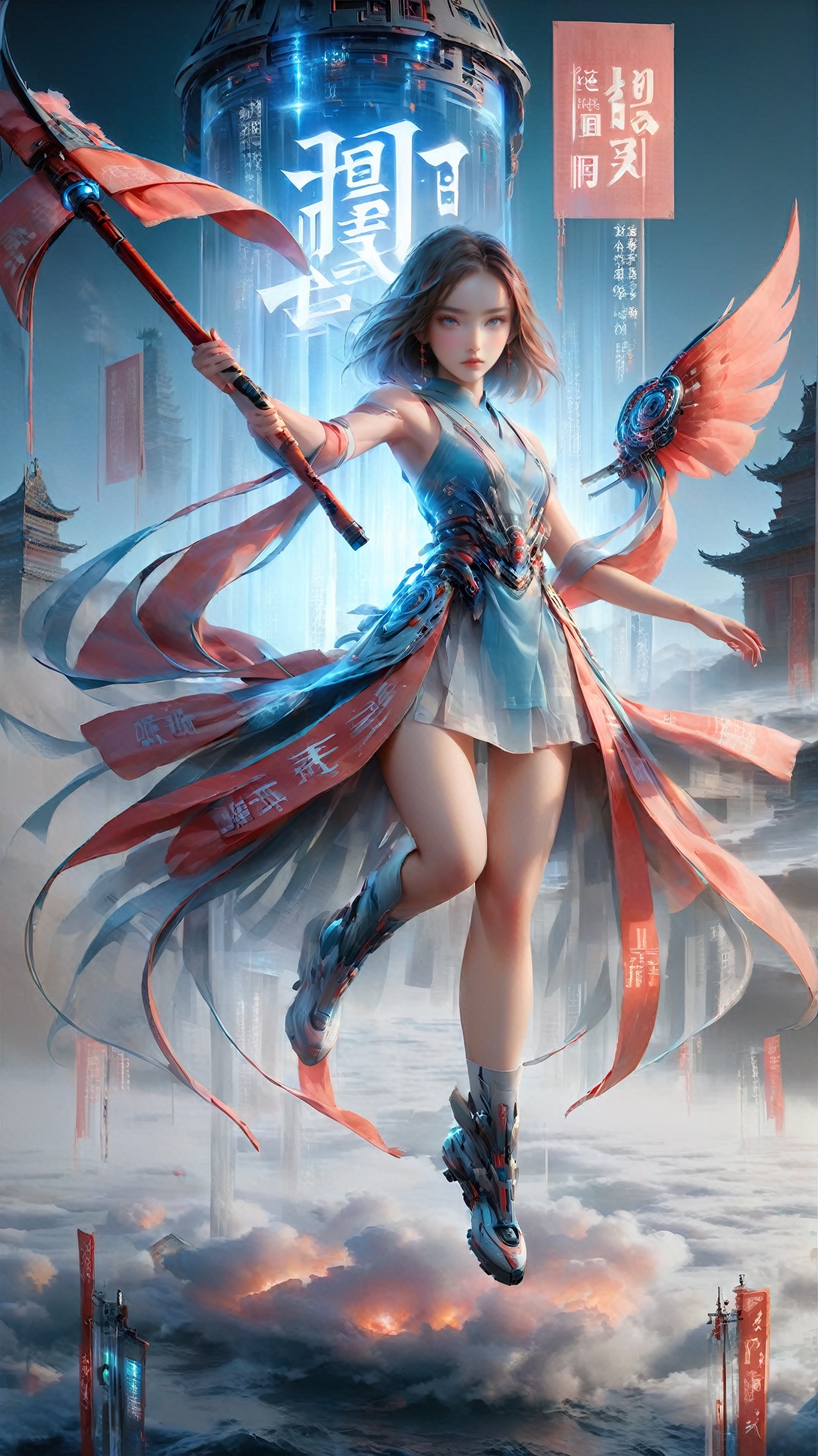 Surrounded by rotating transparent red scrolls,  floating transparent red Chinese characters,  dynamic,  rotating,  1 girl standing in the air,  not looking at the camera,  writing calligraphy,  solo,  blue eyes,  holding,  weapon,  holding weapon,  glow,  robot,  mecha,  science fiction,  open_hand, movie lighting,  strong contrast,  high level of detail,  best quality,  masterpiece, heigirl, crystal_dress,  crystal,  wings, guijian,  flowing skirts, （smoke）, Giant flowers,  ORANGEBLACK,<lora:EMS-80952-EMS:0.800000>,<lora:EMS-87531-EMS:0.800000>,<lora:EMS-228302-EMS:0.800000>