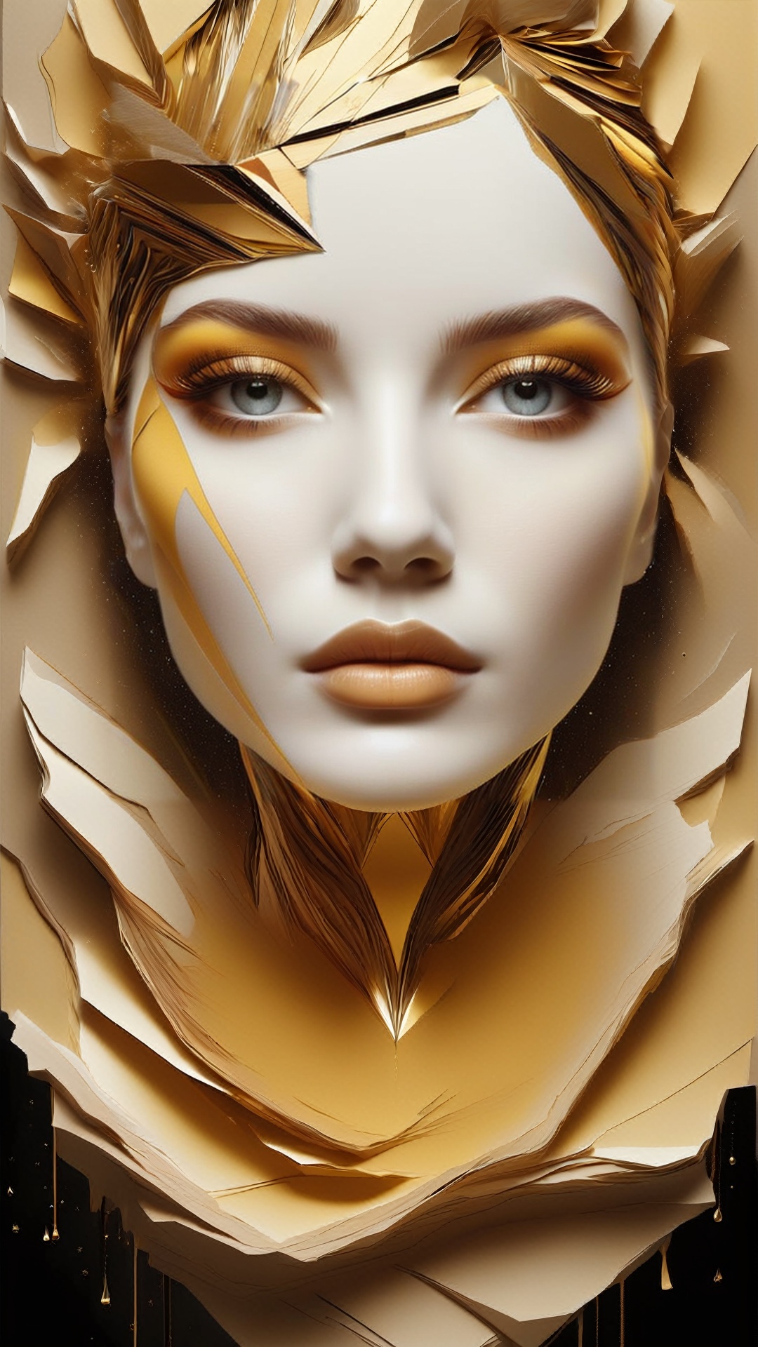 Ultra detailed artistic abstract photography of woman's face (geometrical),  golden,  white roses,  detailed symmetric circular iris,  shattered paper fragments,  inspired by Alberto Seveso,  abstract art style,  intricate complex watercolor painting,  sharp eyes,  digital painting,  color explosion,  ink drip,  mix gold and white colors,  Concept art,  volumetric lighting,  metallic reflections,  8k,  concept photography,  ORANGEBLACK,<lora:EMS-22360-EMS:0.300000>,<lora:EMS-228302-EMS:1.300000>