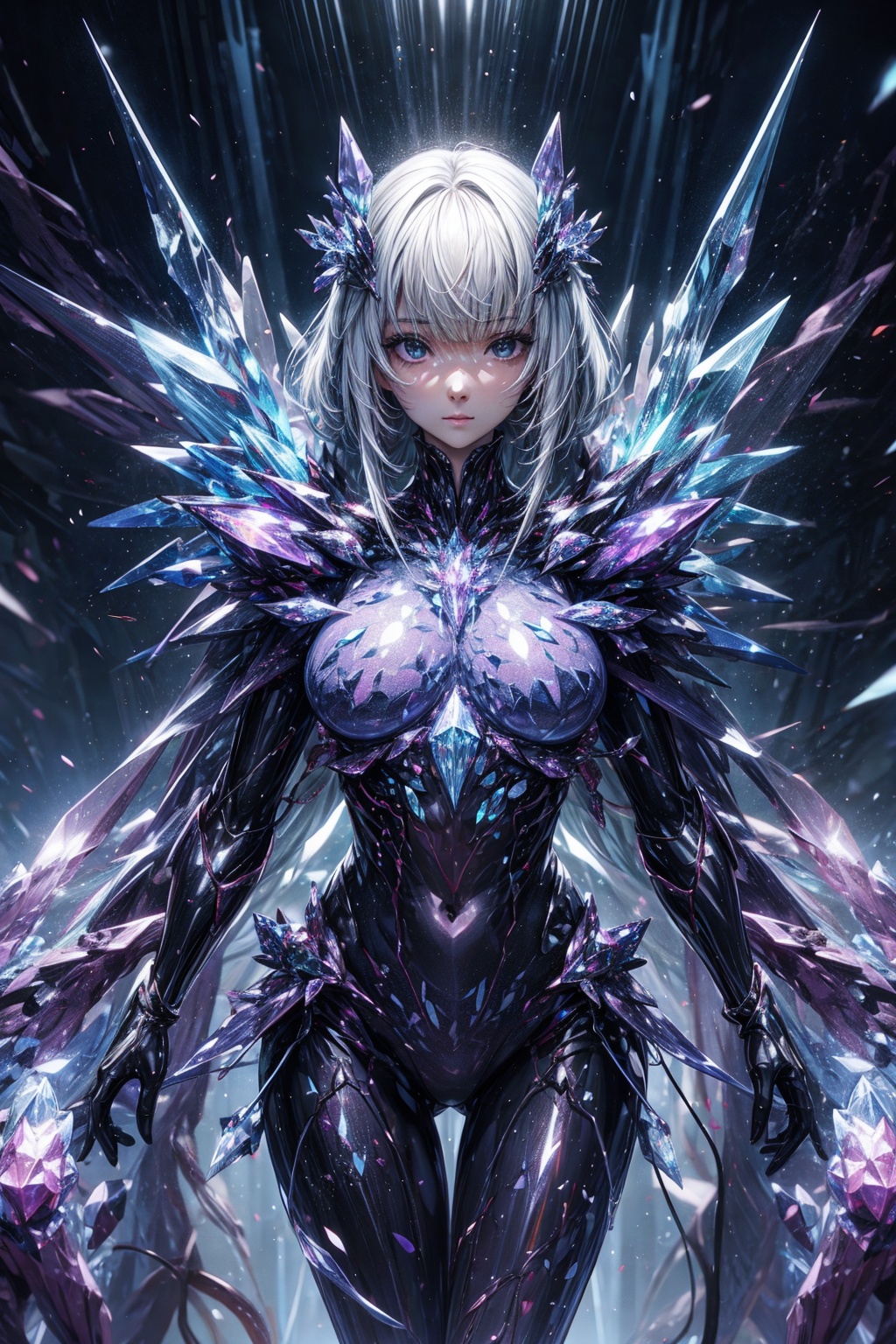  Colorful crystal cluster with light melding together to forming a human female face and chest, skin made out of crystal formations, living crystal. photo, studio lighting, Sony A7, 35mm, best quality, masterpiece, 8k, UHD, hyper-realistic, big depth of field, concept art, colors, hyperdetailed, hyperrealistic,nezukonezu32, (big depth of field), (ambient light), ((cinematic)),