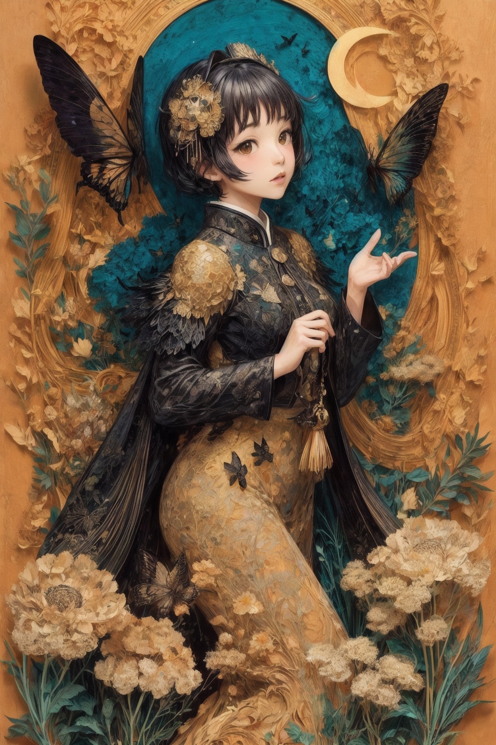  abstract art, (style of Yuko Shimizu:1.3), (black theme:1.1), gold theme, golden butterflies, dark stars, 1girl, field of white flowers, , facing viewer
