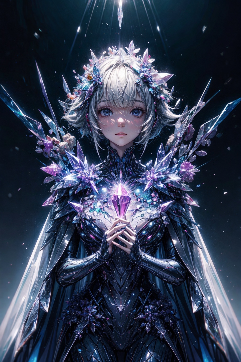  Colorful crystal cluster with light melding together to forming a human female face and chest, skin made out of crystal formations, living crystal. photo, studio lighting, Sony A7, 35mm, best quality, masterpiece, 8k, UHD, hyper-realistic, big depth of field, concept art, colors, hyperdetailed, hyperrealistic,nezukonezu32, (big depth of field), (ambient light), ((cinematic)),