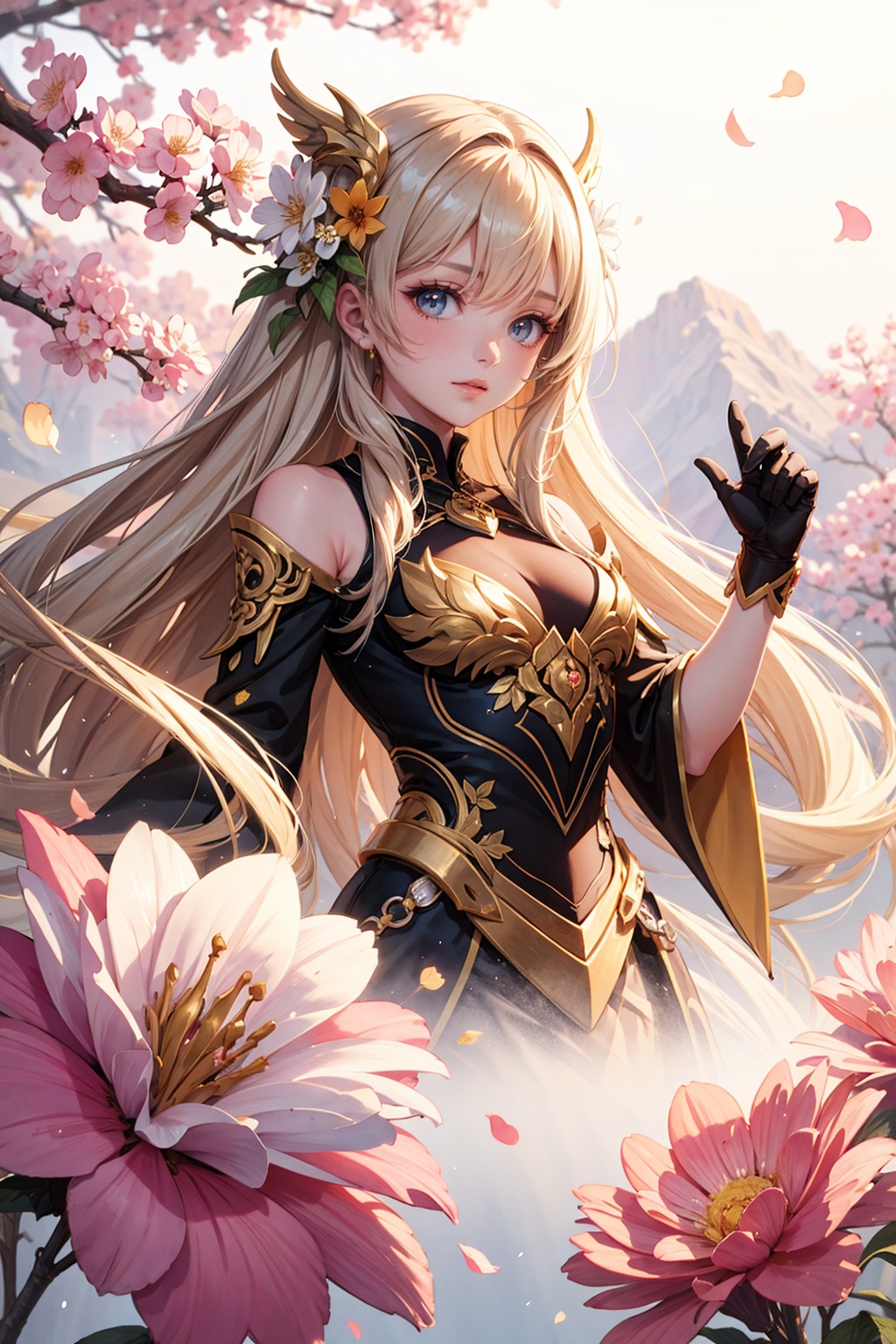 line drawing , floral, fantasy, white background, HD, anime, watercolor, ink, flowers & blossoms, golden hour, bokeh, ambient environment, epic, 4k, beautiful landscape, centered, full picture
